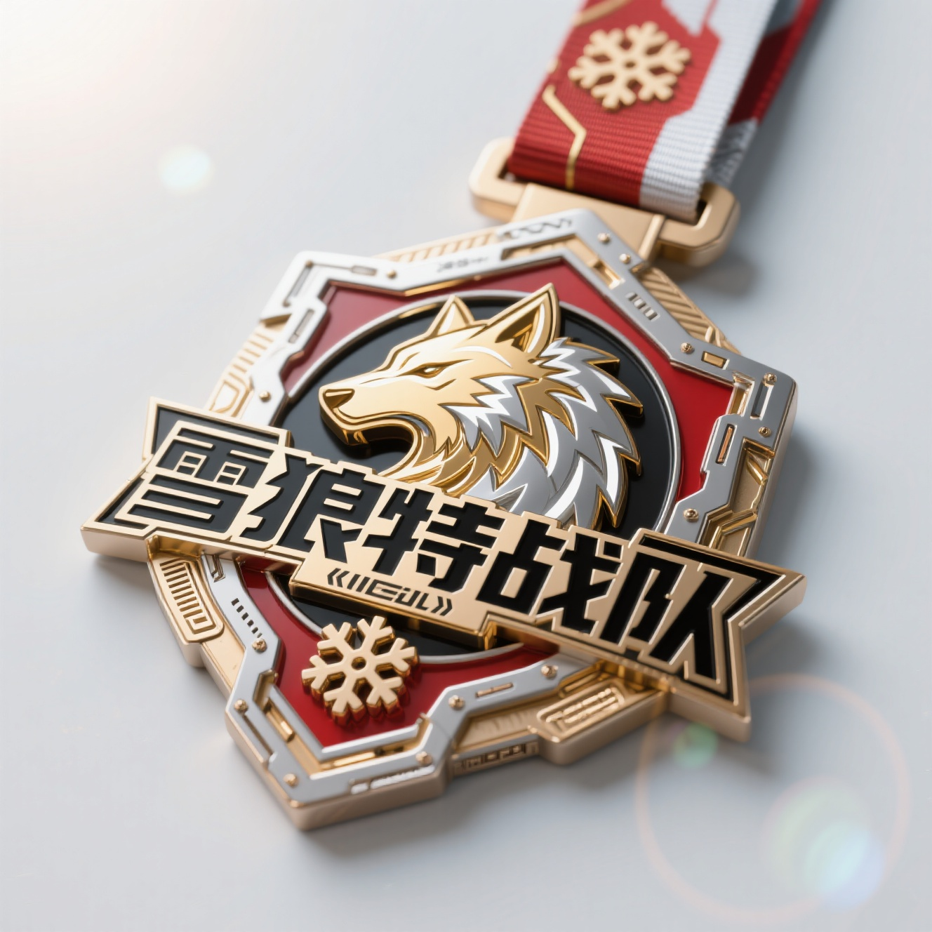 特战队徽章,帮我生成图片:金属质感,机械风格徽章。带上 雪狼夸张形体,主视觉“雪狼特战队”字体机械金属风格,雅黑字体。金属金色、银色、红色。文字机械电气细节丰富,元素复杂。3D 。浅灰色背景。比例 1:1。
