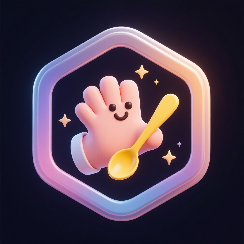 简约小图标吃饭图标手势图标,风格+形态:3D立体卡通徽章,六边形边框,微质感渐变,拟物拟人化主题元素:一个卡通手掌握着一个黄色的勺子.氛围细节:星光点缀,潮玩治愈风,深色背景突出主体