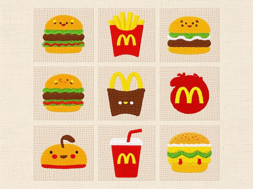 麦当劳汉堡薯条图标,一套刺绣麦当劳素材,可爱,刺绣图案,精致的缝线,可爱风格,简约,亚麻布,刺绣小图标,逼真的,9宫格布局,没有网络格