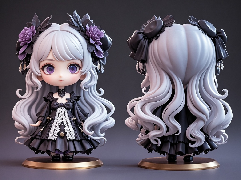 IP形象盲盒潮玩,一个可爱的手办, Q版,造型,哥特风,暗黑,复古二次元,正视图,后视图,长发,女孩,发型精致,发饰精致,服装梦幻,oc渲染,设计精致,配色好看,风格独特,细节极致,大师构图,8k高清,高质量