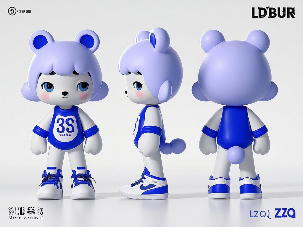IP形象,3D卡通角色设计,亚光的可爱动物拟人角色,时尚服装,球鞋,酷,三视图,正视图,侧视图,后视图,白色简洁亚光材质,干净背景,配色高级,极致的光影,高级,充满创意,极简,右下角署名“LZQ”