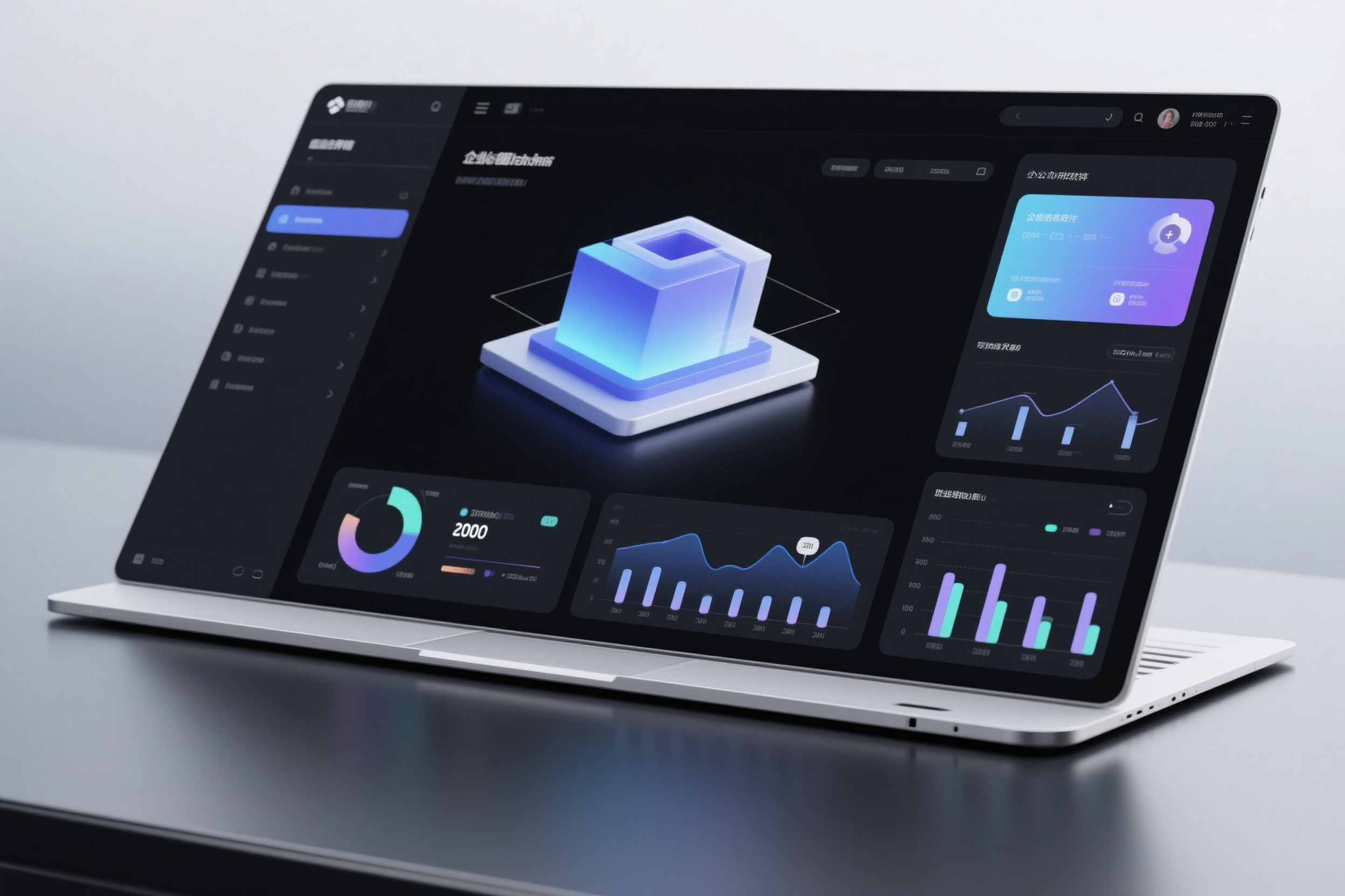 电脑UI设计PC端效果图,企业级办公软件主界面,三维图表数据展示,金属质感工具栏设计,渐变色彩搭配和谐,模块化功能布局,景深虚化背景效果,极简主义美学理念,高端商务应用风格,杰作级界面设计水准