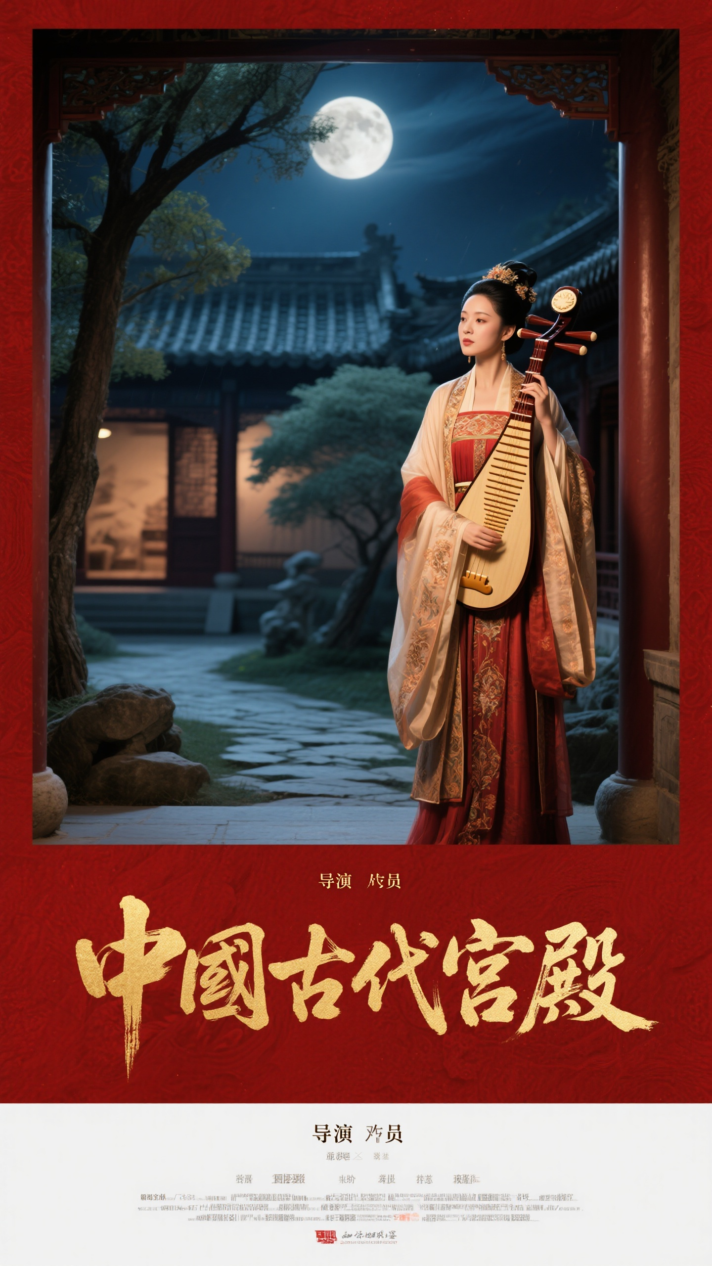 电影海报,古装电影海报,中国古代宫殿,身穿华丽汉服的女子手持古琴,月夜下的庭院,红金色调,古典中式风格,电影海报设计,古韵雅致