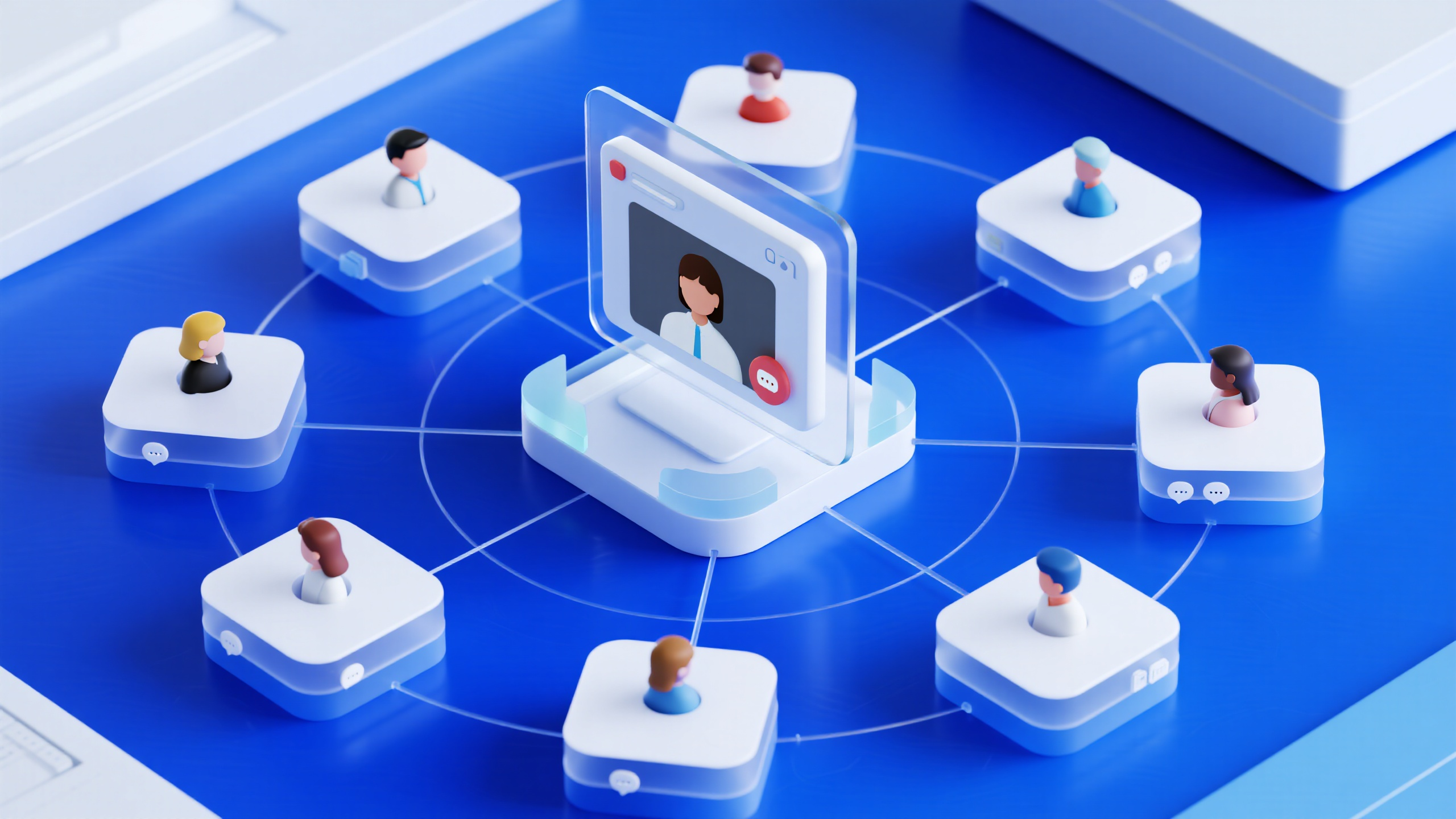 微软banner,C4D建模微软Teams协作场景,立体视频通话界面悬浮,多个用户头像方块排列,聊天气泡和文件图标3D化,蓝色渐变背景配白色元素,透明玻璃材质效果,连接线条表示协作关系,现代远程办公视觉,3D渲染质感,团队协作主题