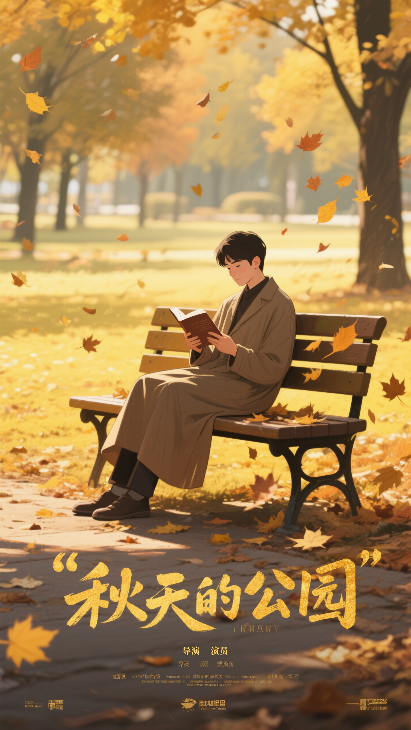 电影海报,文艺电影海报,秋天的公园,文艺青年坐在长椅上读书,落叶飞舞,金黄色调,文艺清新风格,电影海报设计,诗意氛围