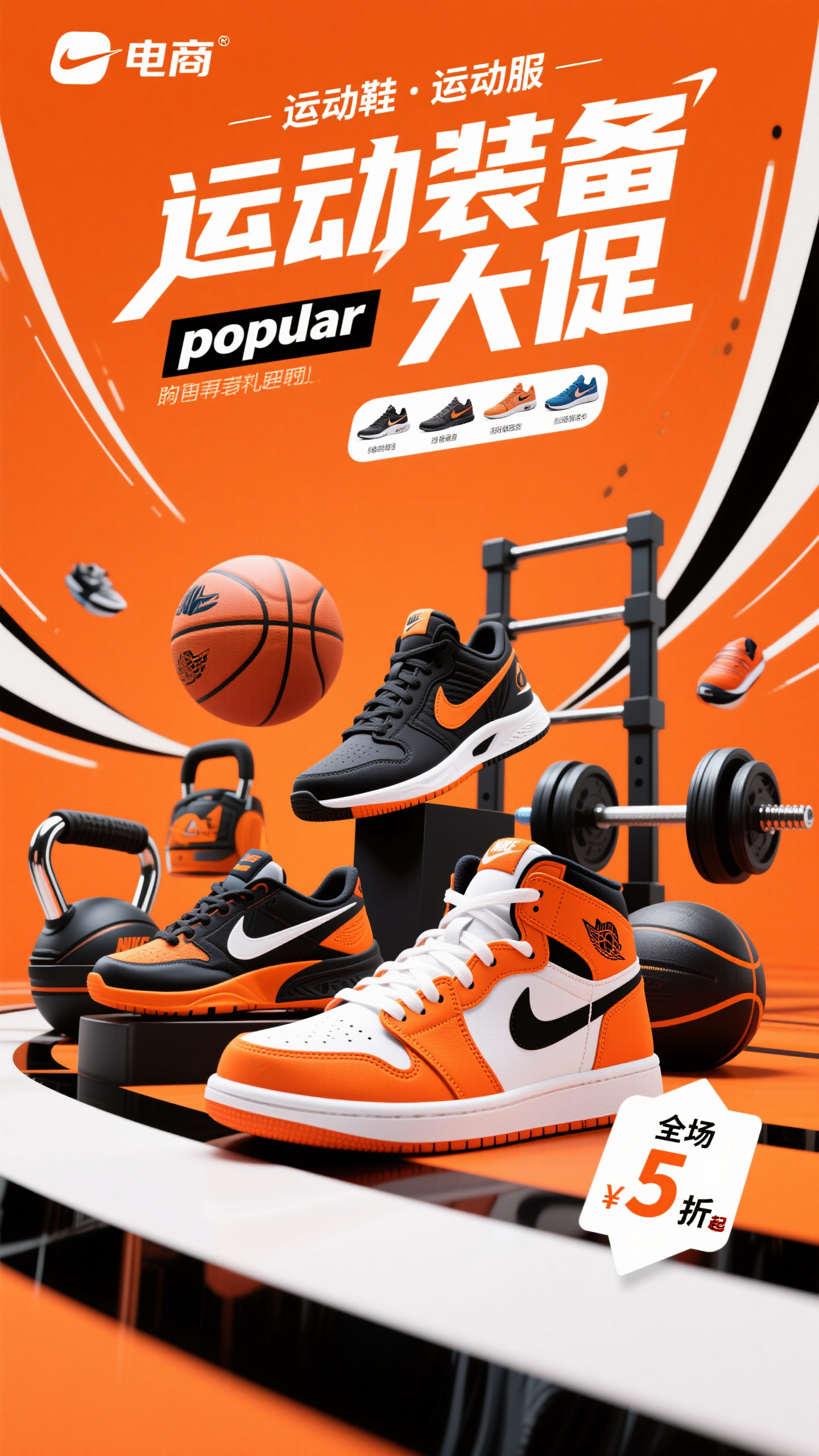 电商海报,运动健身电商海报,运动鞋和健身器材展示,活力橙色背景,"运动装备大促"标题,"全场5折起"价格标签,动感线条装饰,运动风格设计,橙黑色调,活力四射