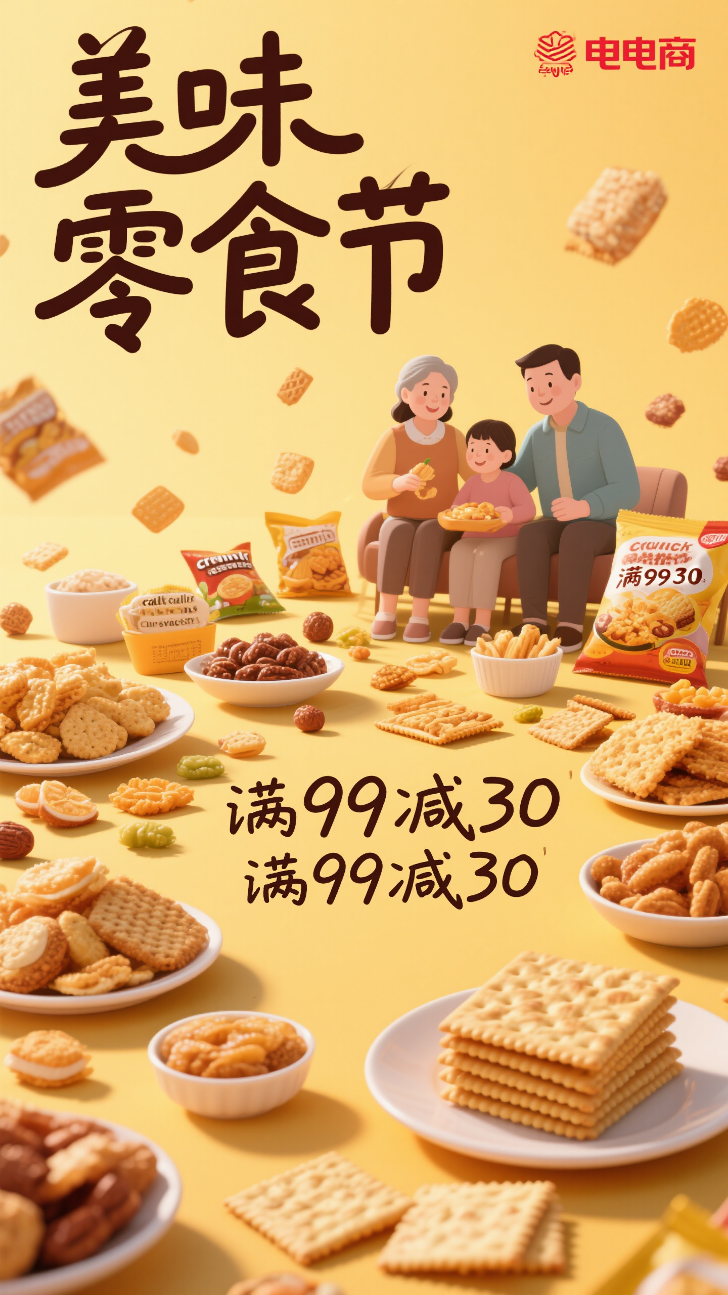 电商海报,食品零食电商海报,各种美味零食散落展示,暖黄色背景,"美味零食节"大字标题,"满99减30"促销标签,食物插画元素,温馨家庭风格,黄棕色调,诱人食欲