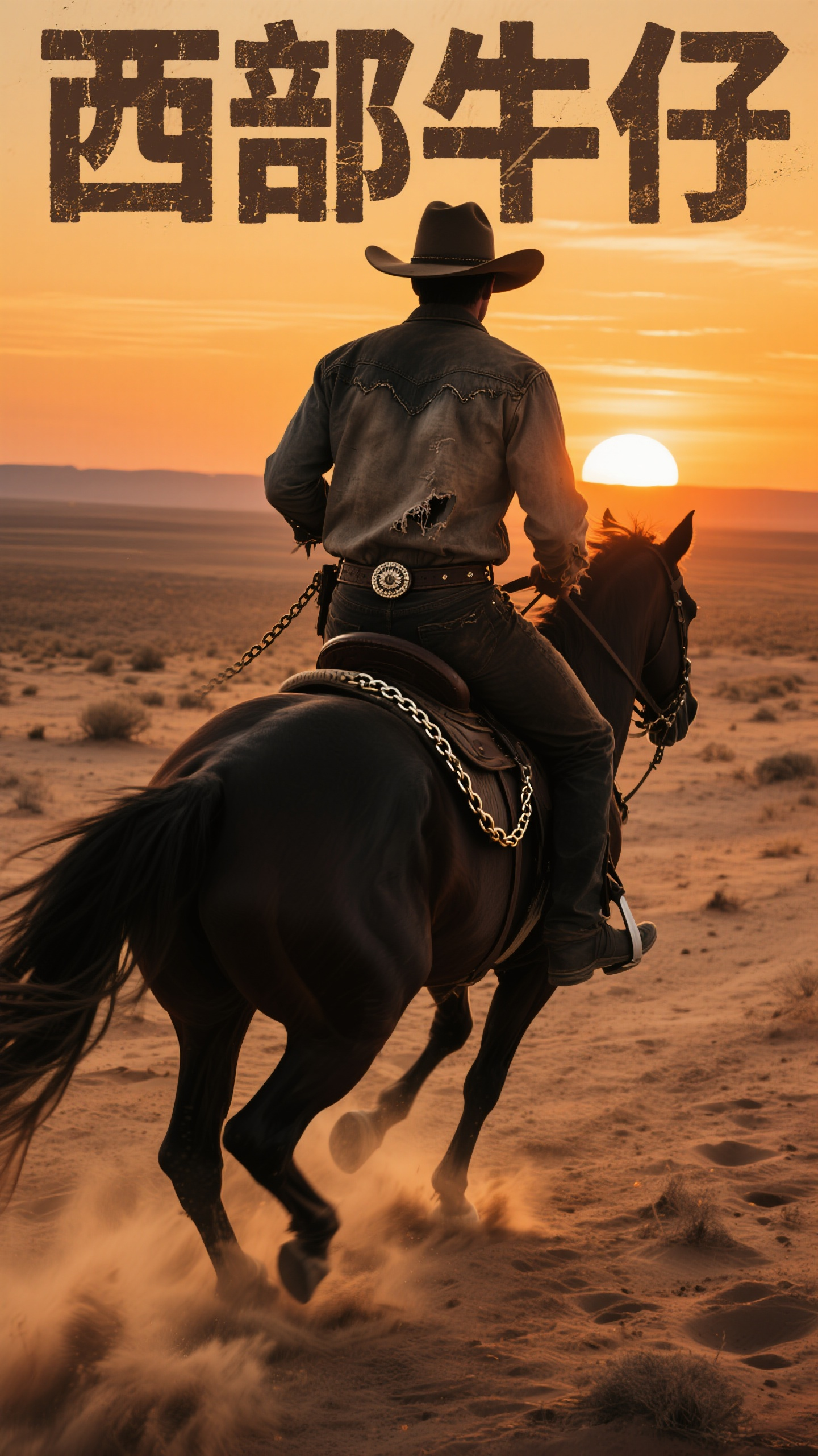 电影海报,西部电影海报,荒野沙漠,牛仔戴着宽檐帽骑马,夕阳西下,橙黄色天空,复古西部风格,电影海报设计,粗犷质感,电影胶片感