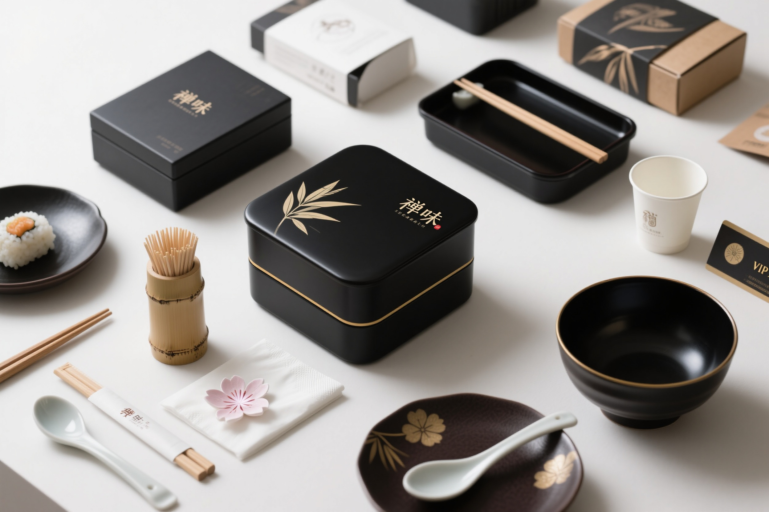 餐饮的样机包装,日式料理品牌"禅味"包装系统,方形寿司盒采用黑色哑光材质配金色线条,长方形便当盒印有简约竹叶图案,木质筷子包装印有品牌标识,白色餐巾纸折叠成樱花形状,牙签盒设计为小巧竹筒造型,陶瓷风格一次性勺子包装,深色碟子配金边装饰,日式碗具包装盒,纸杯印有禅意山水画,VIP会员卡采用竹纹材质,手提袋使用深绿色配传统纹样,整体呈现日式简约美学,高端料理包装标准