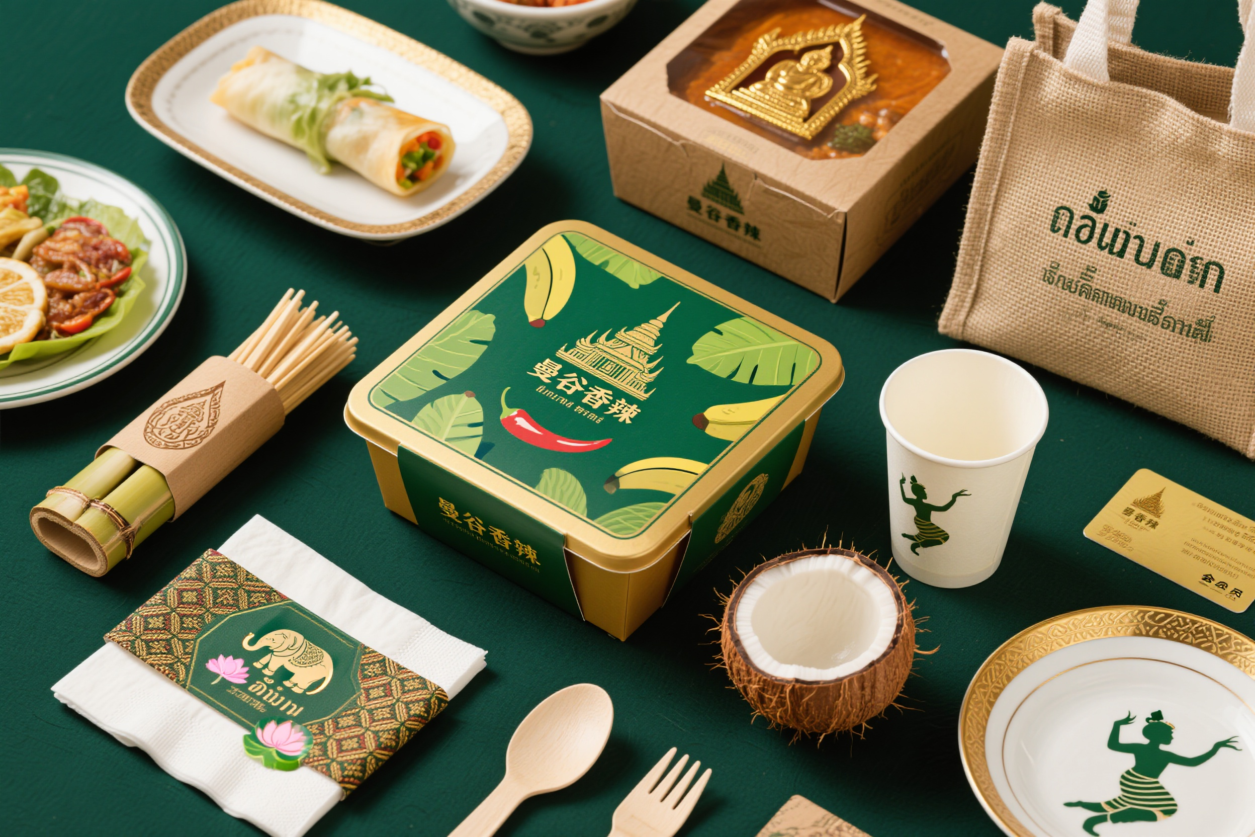 餐饮的样机包装,泰式料理品牌"曼谷香辣"包装系统,方形咖喱盒印有泰式寺庙金色装饰和辣椒图案,长方形春卷盒采用绿色香蕉叶纹理印刷,竹制叉子包装印有泰文字符和莲花图案,餐巾纸设计为泰丝织物风格,竹制牙签盒雕刻象神图案,椰壳质感勺子包装,泰式陶瓷碟子包装盒配金色边框,椰子壳造型碗具包装,纸杯印有泰式舞者剪影,会员卡设计为佛牌造型,麻布手提袋印有泰文祝福语,整体体现东南亚热带风情,异域餐饮包装特色