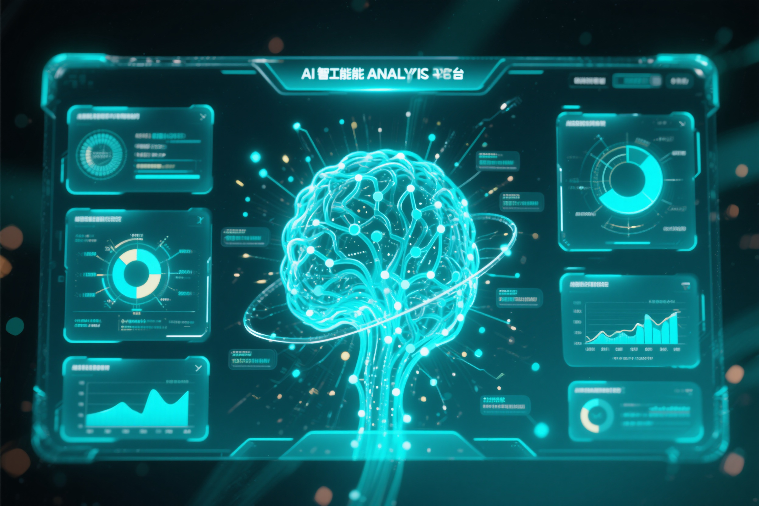 电脑UI设计PC端效果图,AI人工智能分析平台,神经网络可视化图形,蓝绿色科技配色主题,立体数据流动效果,透明材质界面组件,光粒子特效点缀,前沿技术展示窗口,创新思维界面表达,大师手工精雕细琢