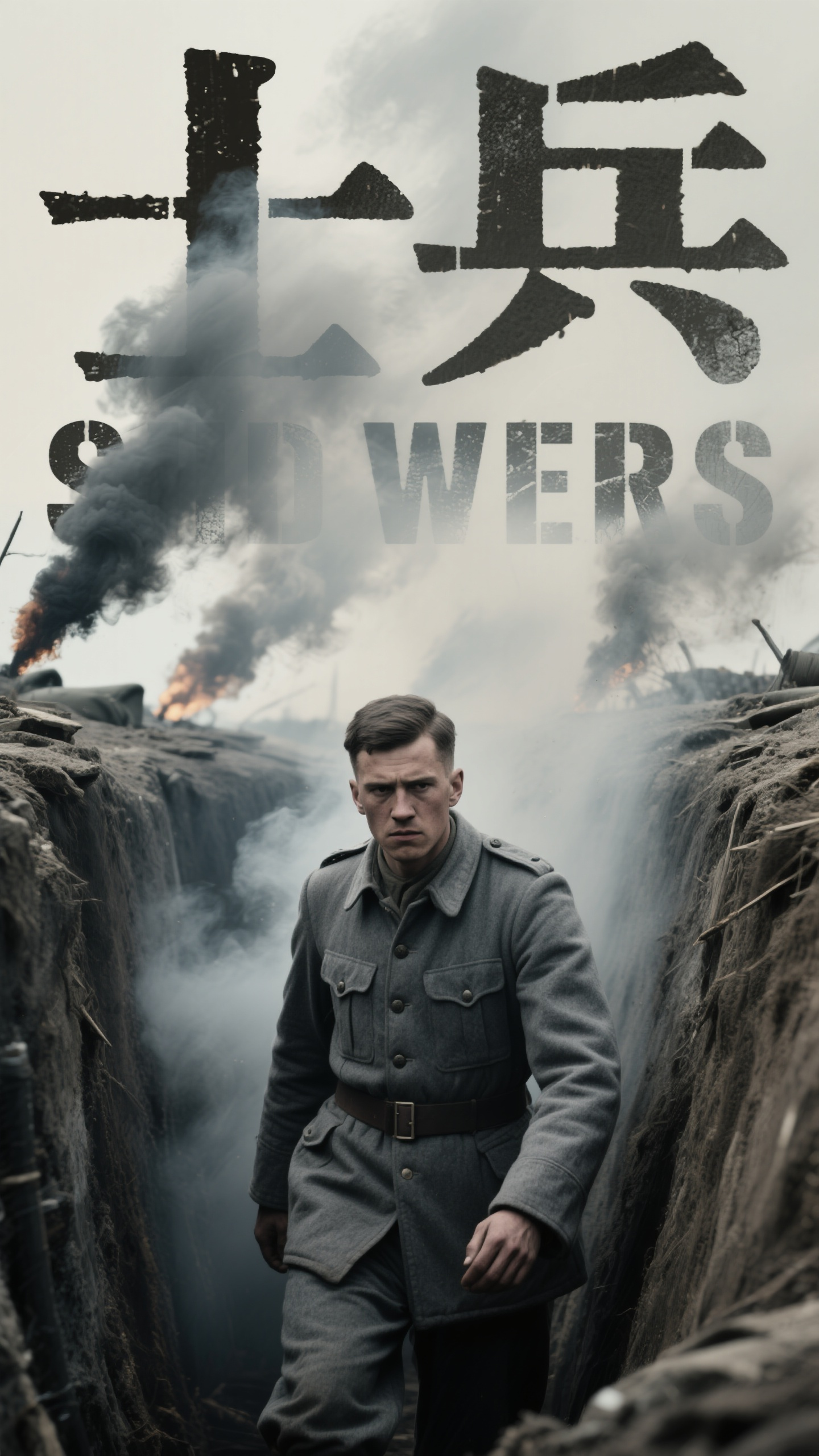 电影海报,战争电影海报,二战背景,士兵穿军装在战壕中,硝烟弥漫,灰暗色调,写实风格,电影海报设计,紧张氛围,历史质感