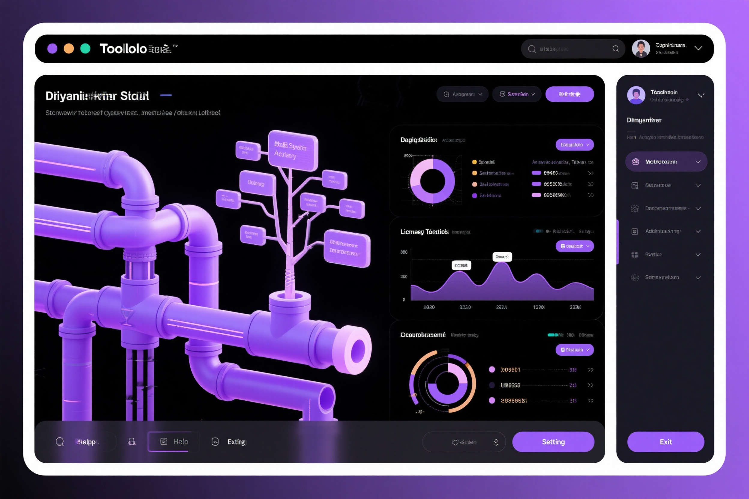 电脑UI设计PC端效果图,数据科学分析工作台,算法模型立体管道展示,机器学习决策树可视化,统计图表悬浮交互设计,科学研究紫色主题,数据挖掘工具集成界面,人工智能辅助分析,科研级专业软件,数据科学设计艺术品