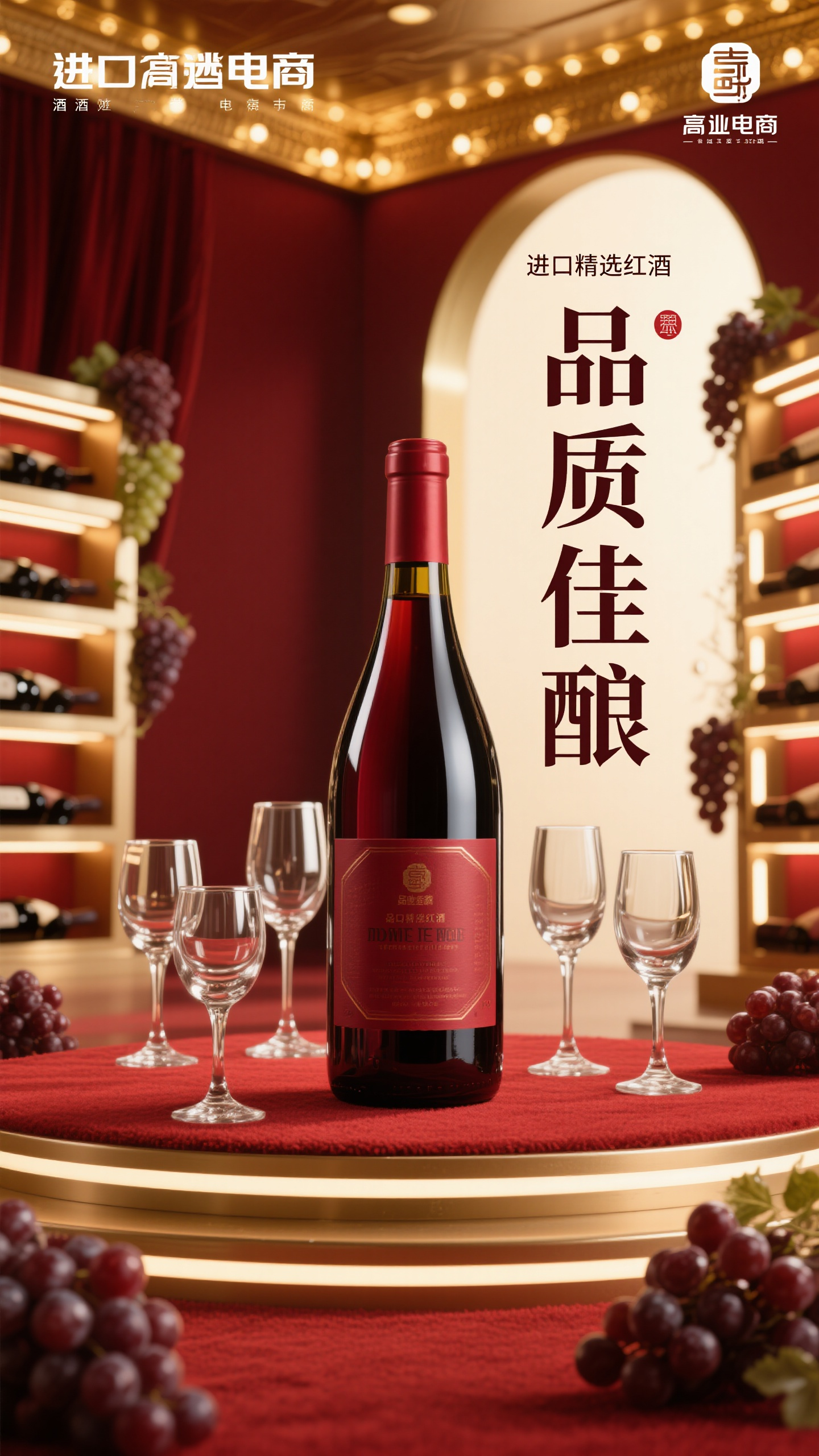 电商海报,酒类电商海报,红酒瓶和酒杯优雅展示,深红色豪华背景,葡萄装饰元素,"品质佳酿"高端标题,"进口精选红酒"产地标签,高端奢华风格,深红金色,优雅醇厚