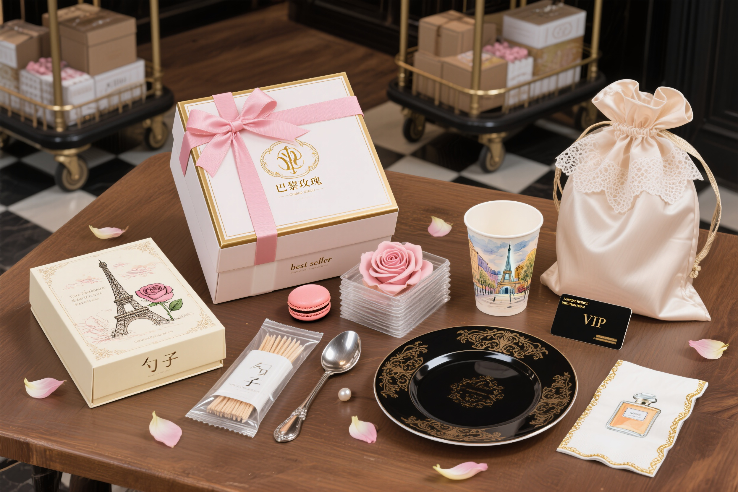 餐饮的样机包装,法式甜品店"巴黎玫瑰"包装设计,正方形马卡龙盒采用粉色丝带装饰和烫金LOGO,长方形蛋糕盒印有手绘埃菲尔铁塔和玫瑰花,精致小叉子包装印有法式花纹,餐巾纸折叠成玫瑰花瓣造型,银色牙签盒雕刻巴洛克花纹,珍珠光泽勺子透明包装,法式瓷器风格碟子包装,咖啡杯造型碗具包装,纸杯印有巴黎街景水彩画,VIP卡设计为香水瓶造型,丝绸手提袋配蕾丝花边,整体营造法式浪漫情调,高端甜品包装美学