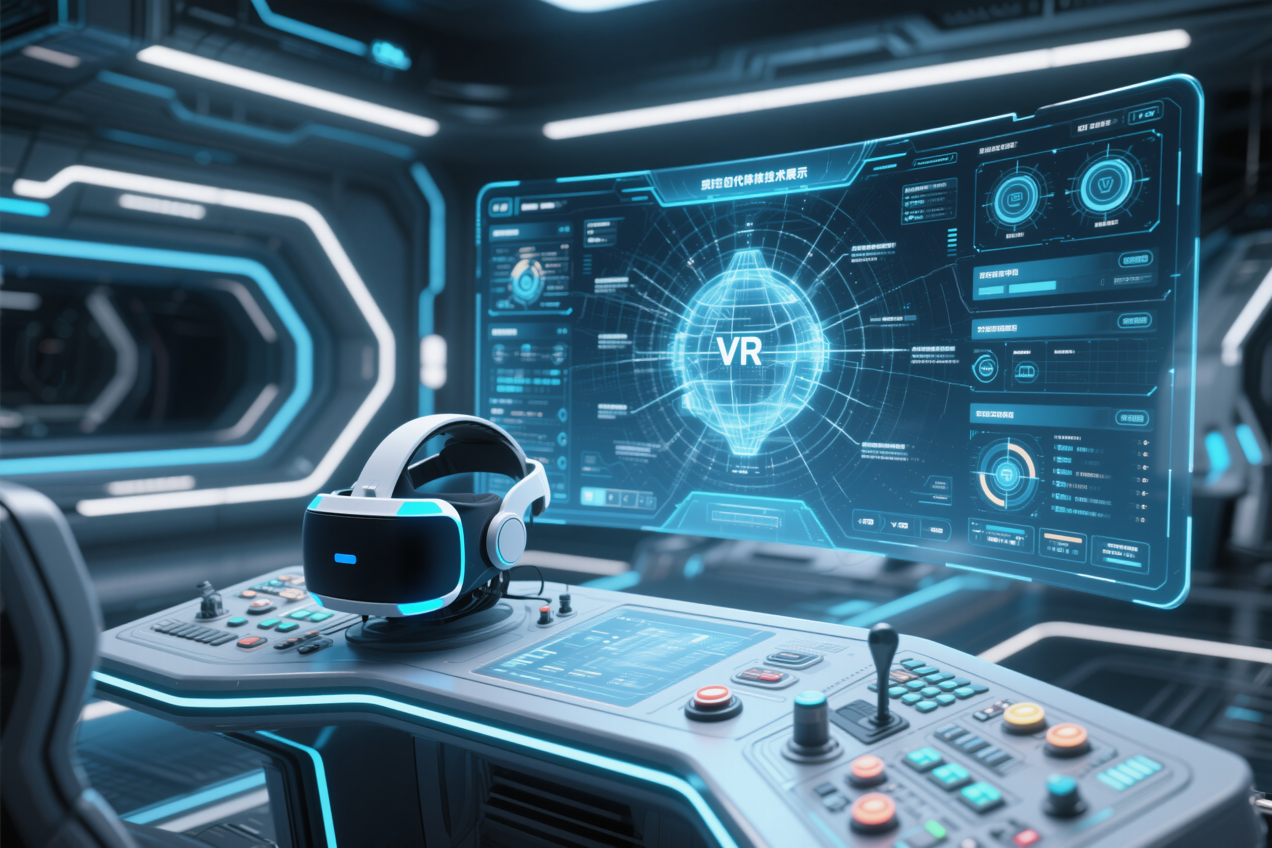 电脑UI设计PC端效果图,虚拟现实控制面板,VR头盔设备管理界面,全息投影视觉效果,未来派科幻设计风格,立体空间导航系统,沉浸式体验控制中心,次世代交互技术展示,前沿科技界面设计,革命性用户体验创新