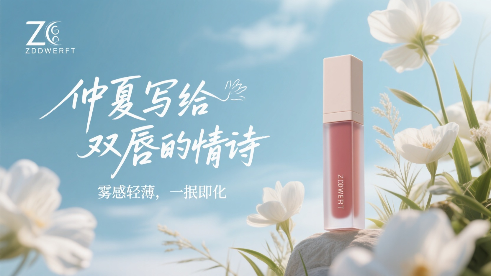 banner唇膏,banner设计,产品位于右边,一支唇釉,长方体磨砂玻璃瓶,天空背景,周围有白色花朵,装饰性草叶,有空间深度,有光影感,清新自然,高分辨率,高清晰度。主标题“仲夏写给双唇的情诗”,副标题“雾感轻薄,一抿即化”,logo“ZDDWERFT”