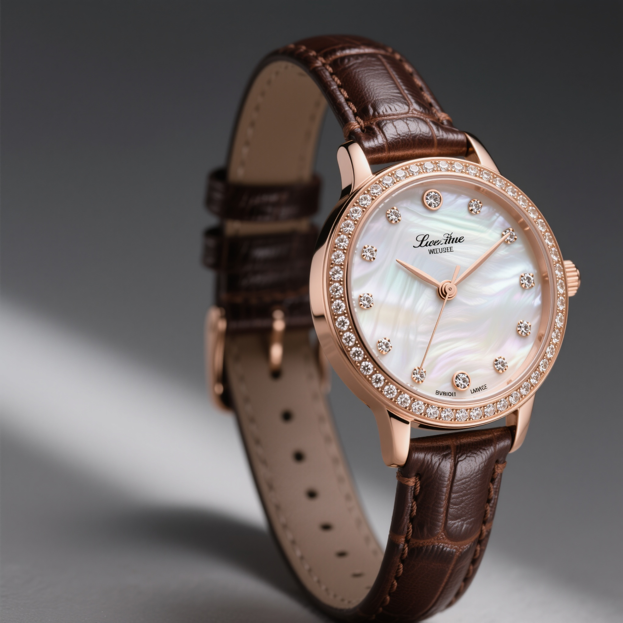 电商主图手表,奢华女士手表特写,玫瑰金表壳,钻石时标镶嵌,白色珍珠母贝表盘,真皮表带纹理,光影层次丰富,珠宝级拍摄效果,柔和影棚布光,高档商品摄影,精工细节呈现,奢华质感突出
