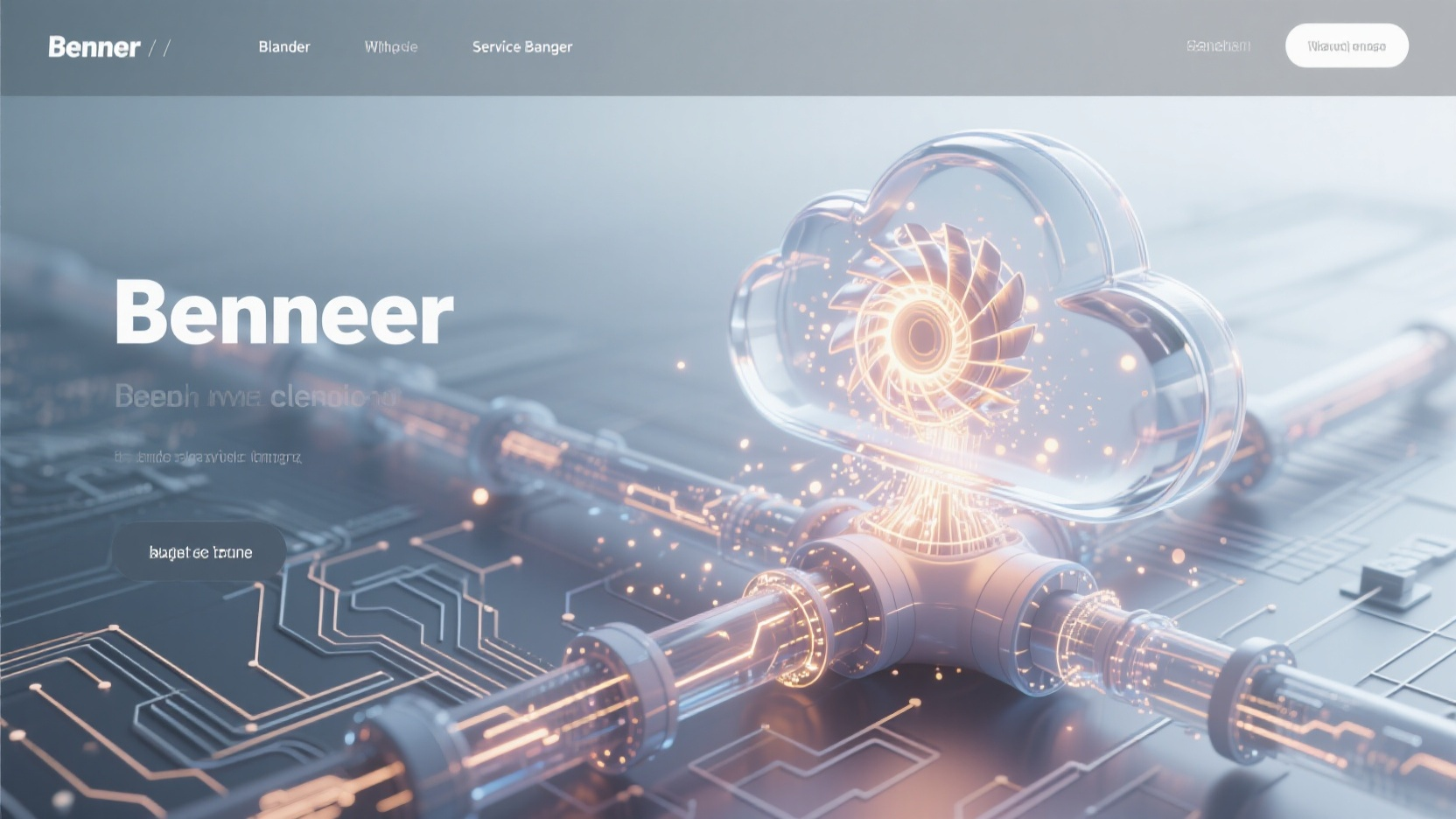 banner图电子云端C4D,benner,画面右侧玻璃云朵内嵌涡轮结构吸收光粒子并疯狂旋转,粒子从云朵向下快速向四面散发,数据飞线构成水利管网透视图并在传输数据且粒子在飞快流动着,雾霭银渐变背景营造空间感,Blender渲染风格,网页服务banner,俯视透视构图,半透明材质内部发光效果,电路图布局效果