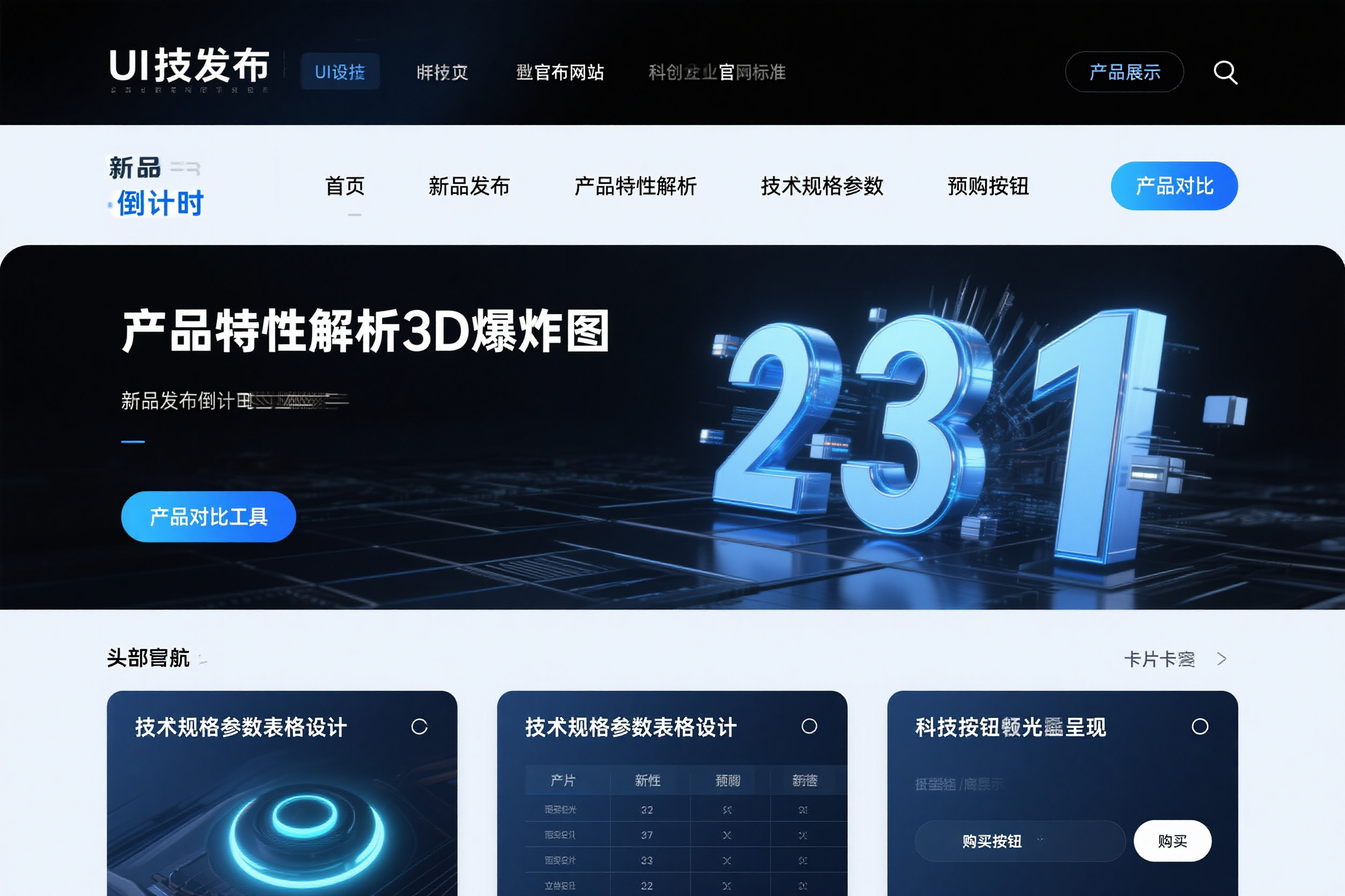 电脑UI设计PC端效果图,科技产品发布网站,新品发布倒计时立体数字,产品特性解析3D爆炸图,技术规格参数表格设计,科技蓝银未来配色方案,预购按钮发光效果呈现,产品对比工具可视化,科技企业官网标准,创新产品展示界面