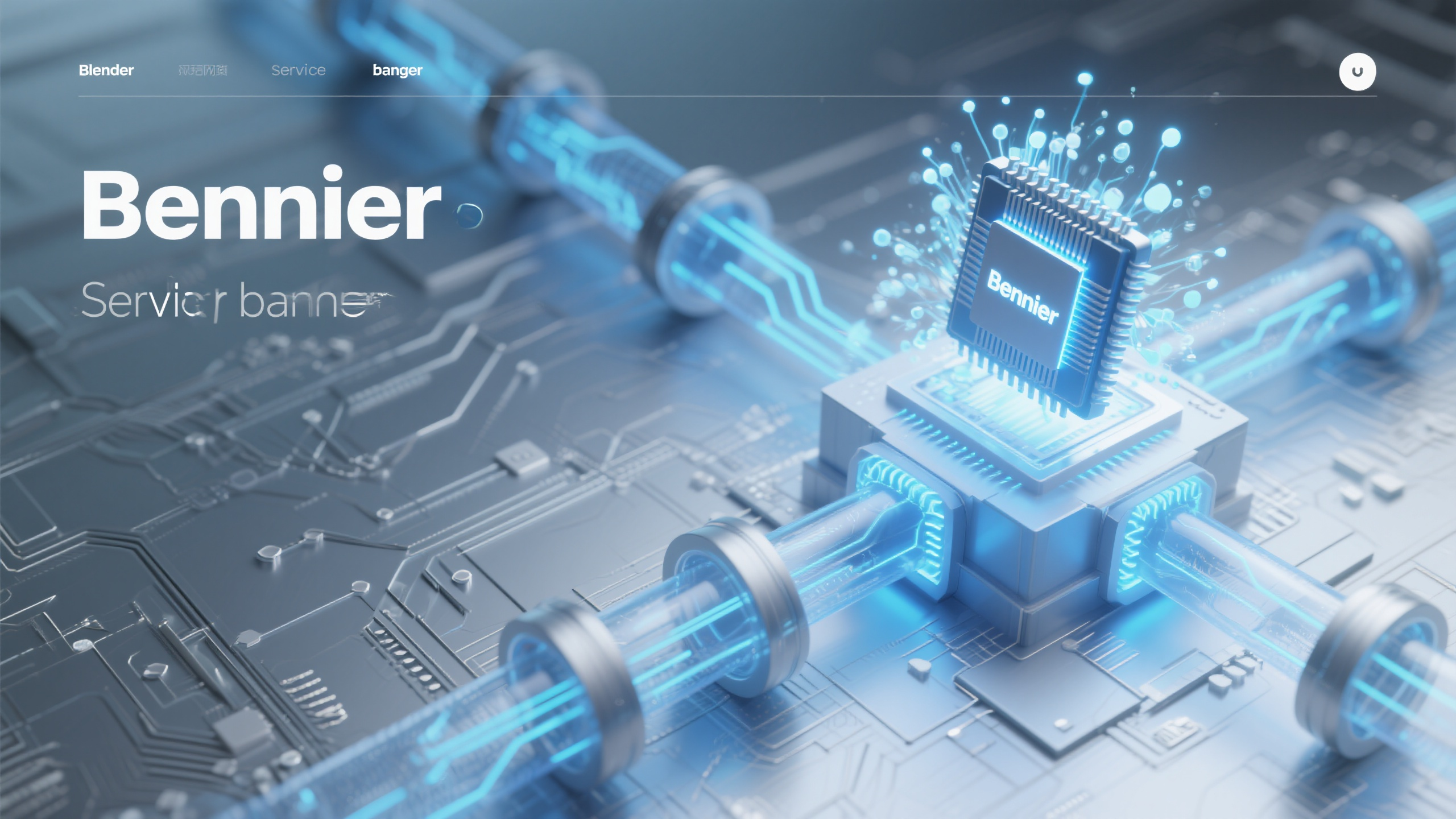 芯片banner,benner,画面右侧芯片结构吸收光粒子并疯狂旋转,粒子从芯片向下快速向四面散发,数据飞线构成水利管网透视图并在传输数据且粒子在飞快流动着,雾霭银渐变背景营造空间感,Blender渲染风格,蓝白色 网页服务banner,俯视透视构图,半透明材质内部发光效果,电路图布局效果
