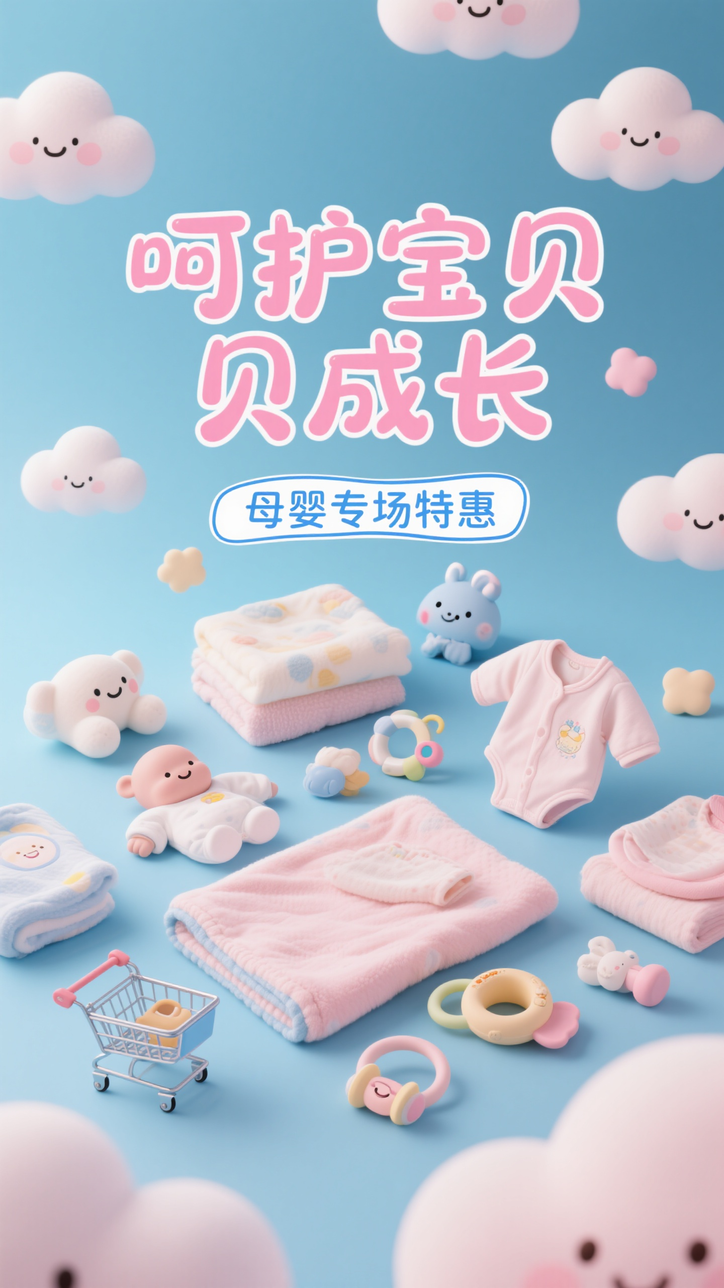电商海报,母婴用品电商海报,可爱婴儿用品展示,淡蓝色温柔背景,卡通云朵装饰,"呵护宝贝成长"标题,"母婴专场特惠"促销信息,温馨可爱风格,蓝粉色调,柔和亲和