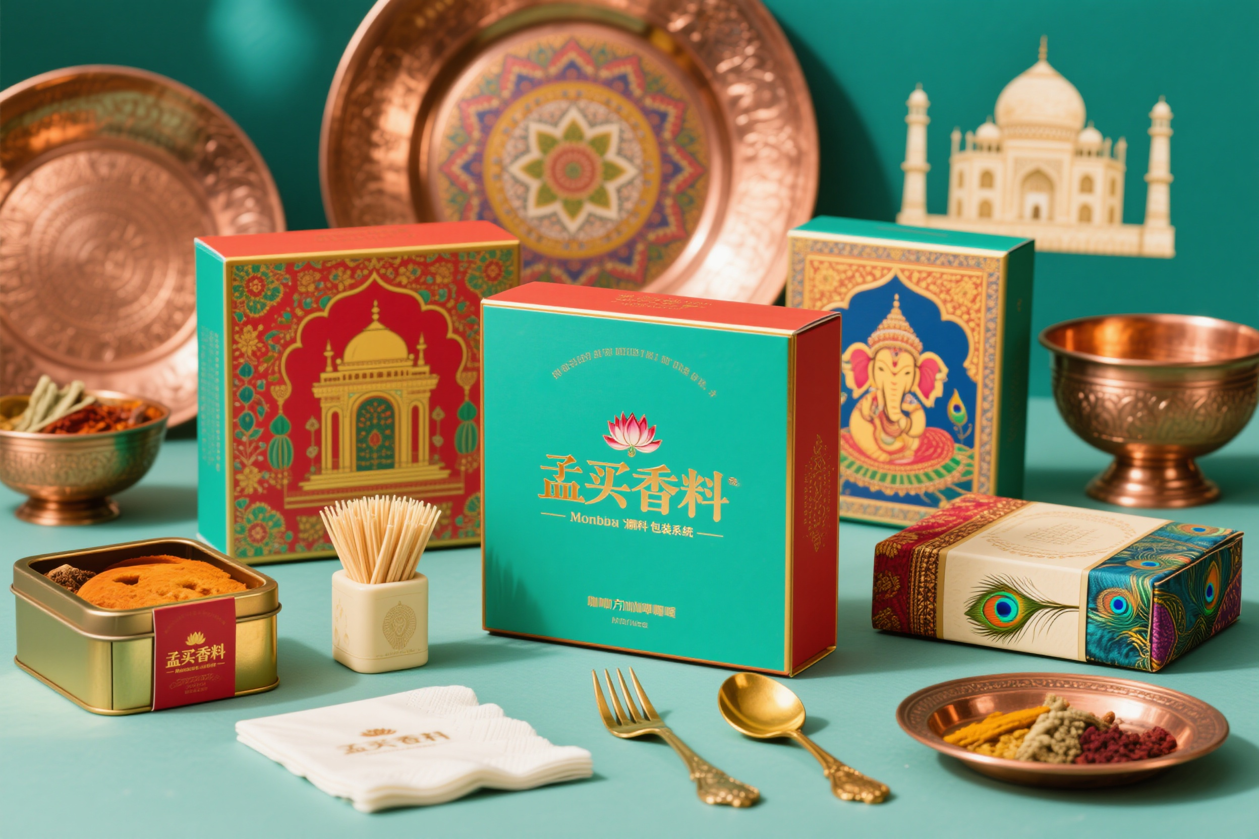 餐饮的样机包装,印度料理品牌"孟买香料"包装系统,方形咖喱盒印有印度宫殿建筑金色轮廓和香料图案,长方形烤饼盒采用宝石蓝配金色曼陀罗花纹,金属叉子包装印有印度象神和莲花,餐巾纸设计为印度丝绸纱丽风格,象牙色牙签盒雕刻印度教图腾,黄铜色勺子精装包装,印度铜器风格碟子包装盒,泰姬陵造型碗具包装,纸杯印有印度舞者和孔雀羽毛,VIP卡设计为印度宝石造型,丝质手提袋配金色流苏装饰,整体营造印度宫廷奢华感,异域香料文化包装