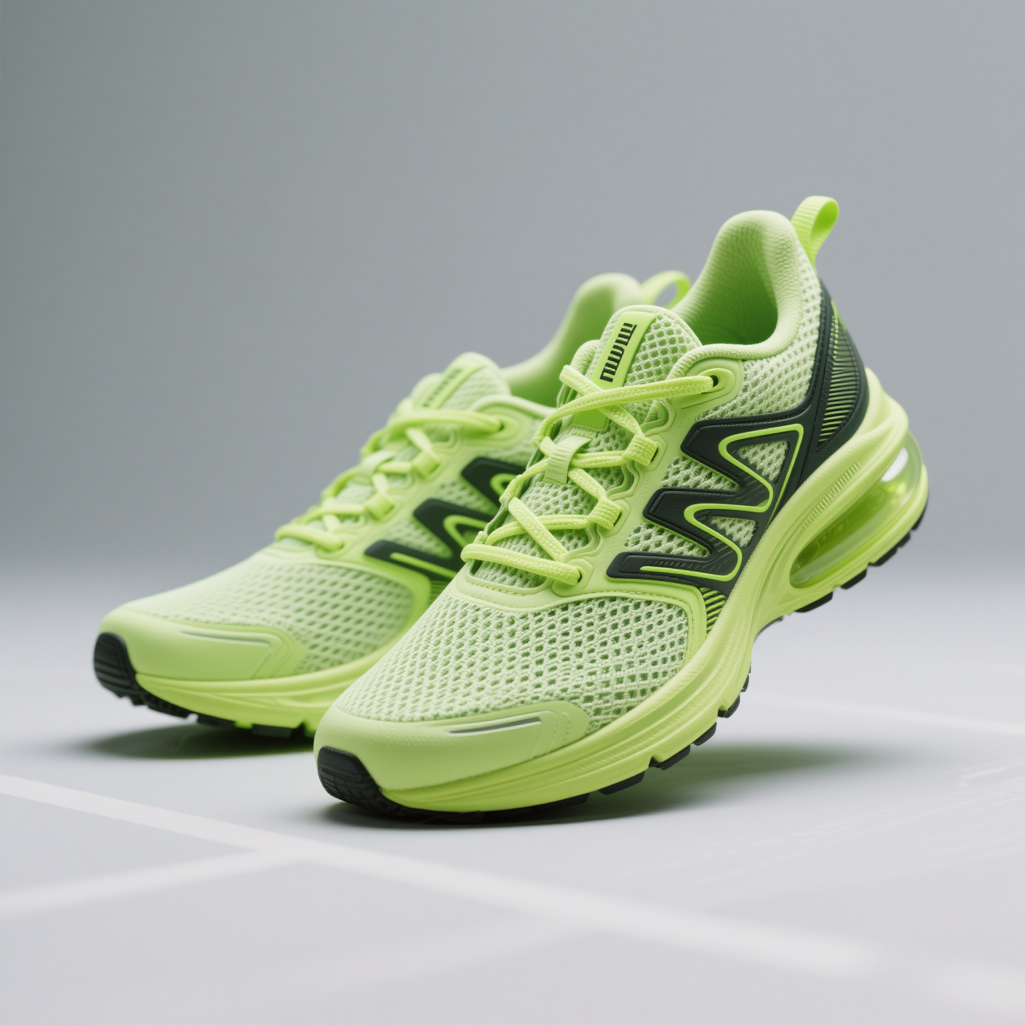 电商主图跑鞋,运动跑鞋产品拍摄,透气网布鞋面,气垫缓震科技,荧光绿配色点缀,动态运动元素,体育器材摄影,现代简约风格,清晰轮廓线条,功能性设计突出,活力运动氛围