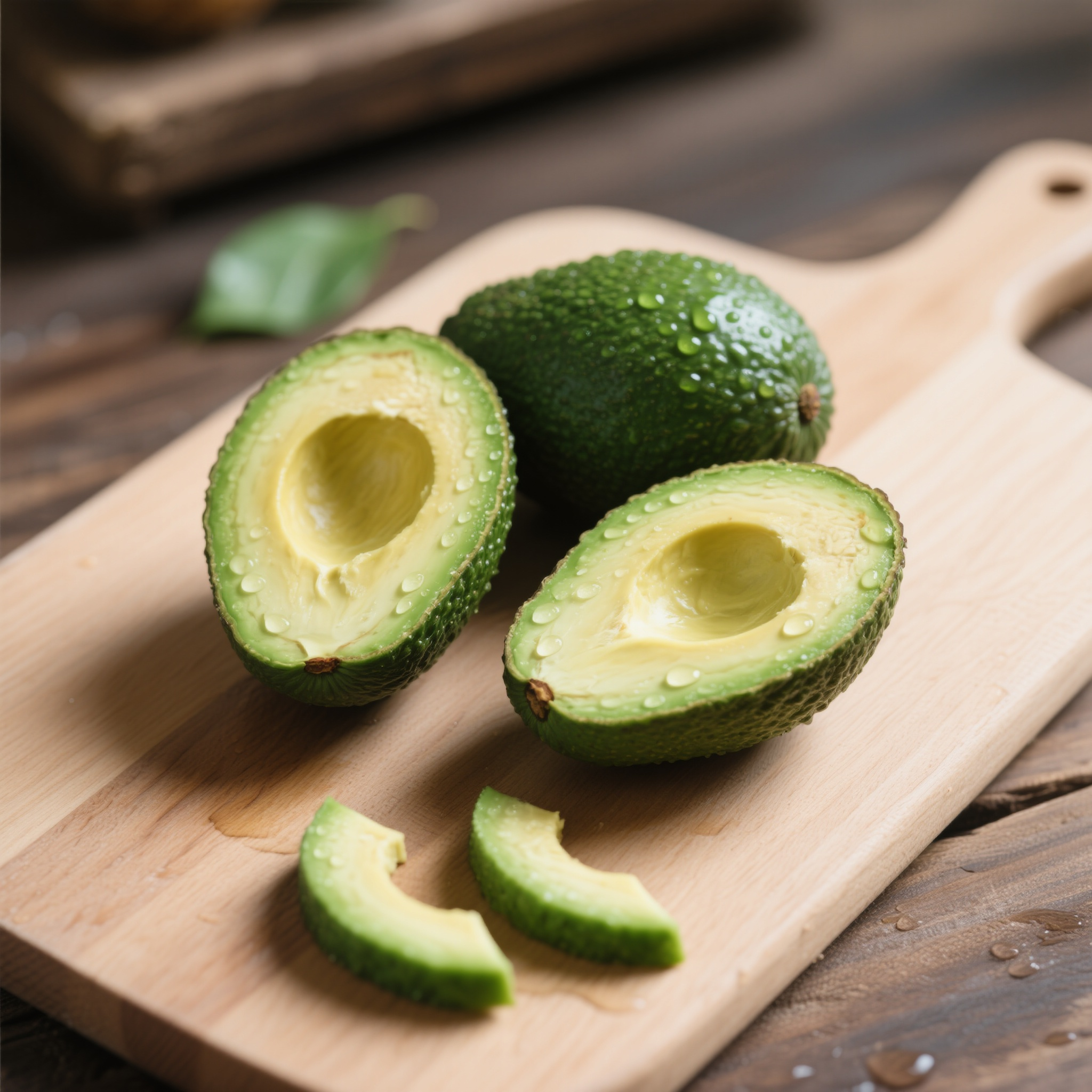 电商主图牛油果,新鲜有机牛油果展示,切开露出翠绿果肉,水珠凝结表面,天然质感呈现,食品摄影构图,自然采光效果,木质切板背景,健康生活理念,果肉光泽诱人,营养价值突显