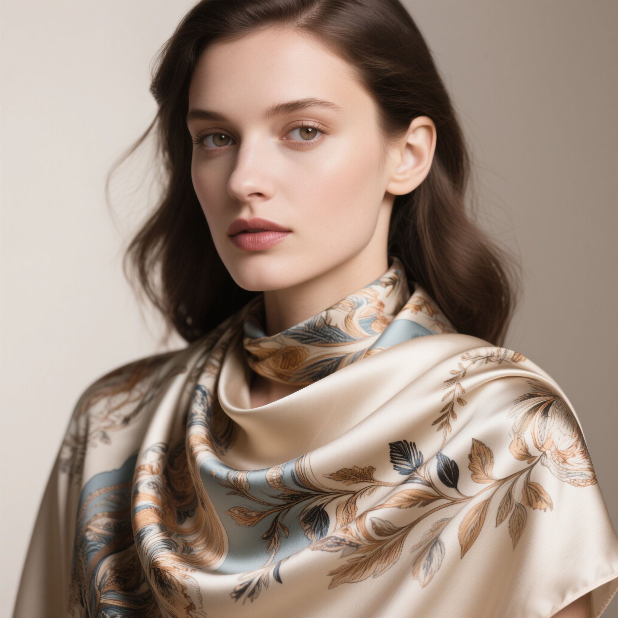 电商主图丝巾,高档真丝围巾展示,印花图案精美,丝绸光泽柔和,流动质感自然,奢侈品质感,时尚配饰摄影,优雅女性魅力,色彩搭配和谐,纺织品细节清晰,法式优雅风格