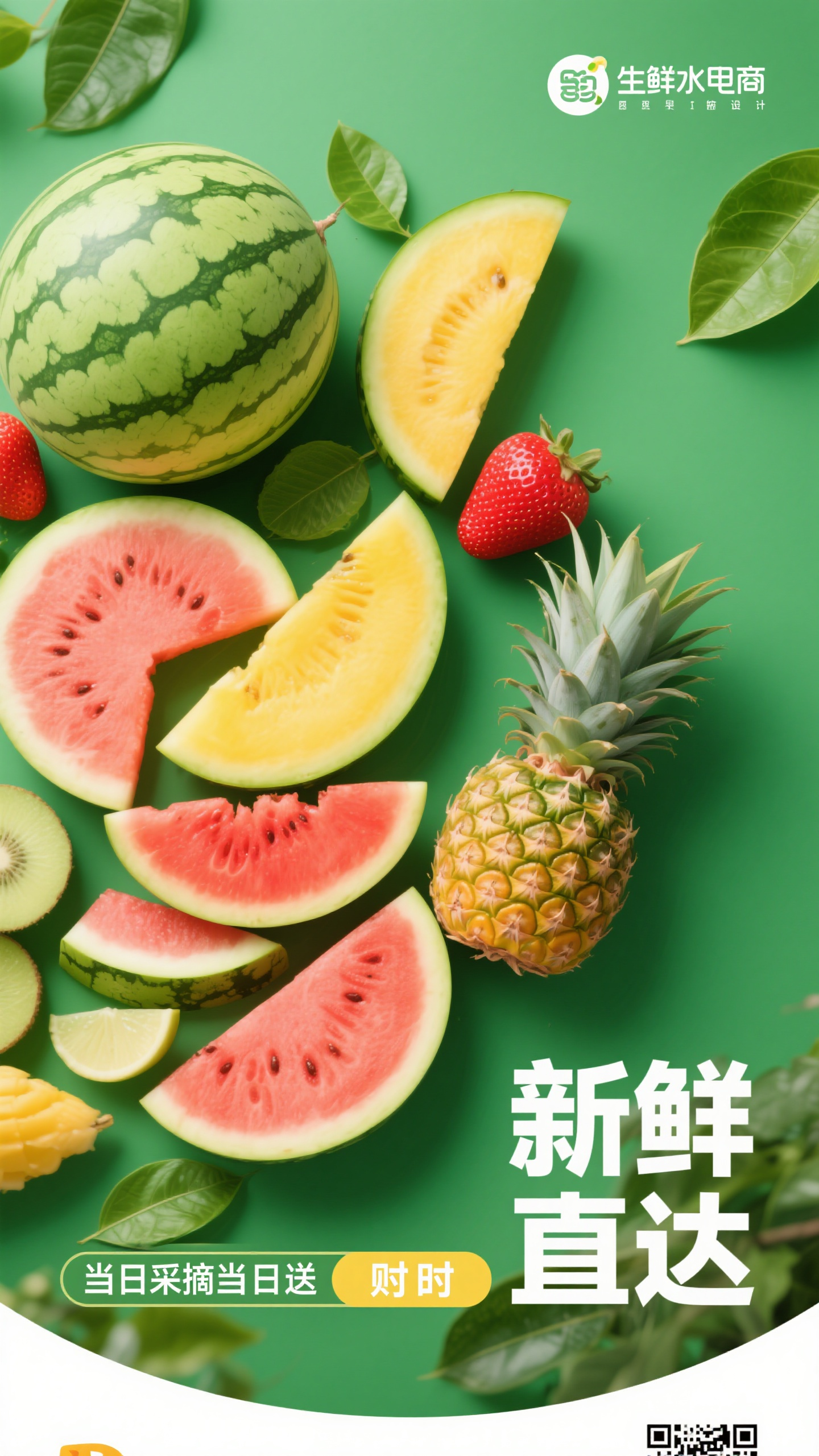 电商海报,生鲜水果电商海报,新鲜水果切片展示,绿色自然背景,叶子装饰元素,"新鲜直达"健康标题,"当日采摘当日送"时效标签,自然清新风格,绿色系,健康活力