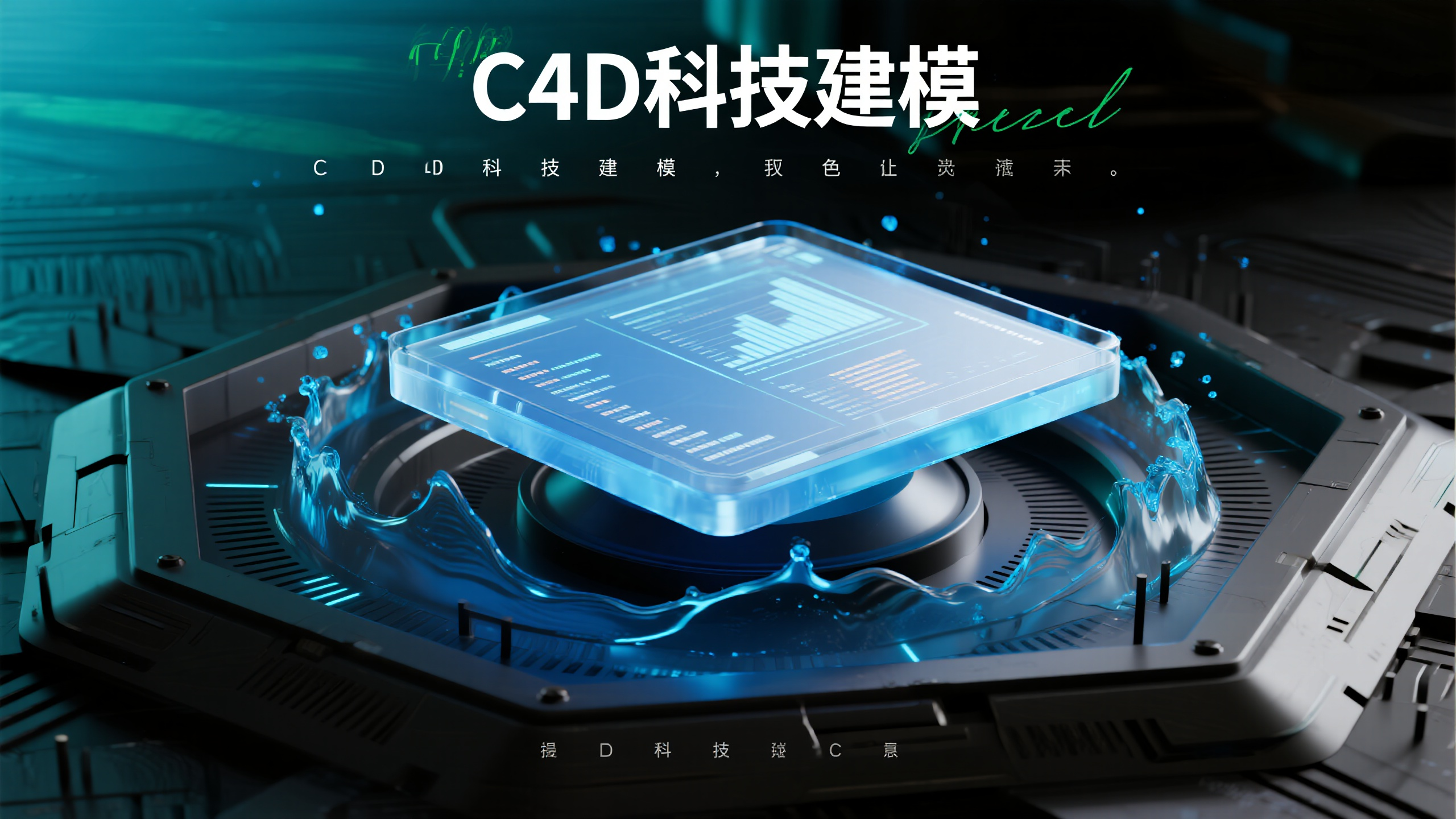 芯片banner,C4D科技建模banner,全息投影显示屏悬浮在空中,透明玻璃材质内部发光,数据图表和代码流动显示,周围环绕几何光环,蓝绿渐变色调,粒子光点装饰,立体空间深度感,科幻界面设计,3D渲染技术,未来感交互界面