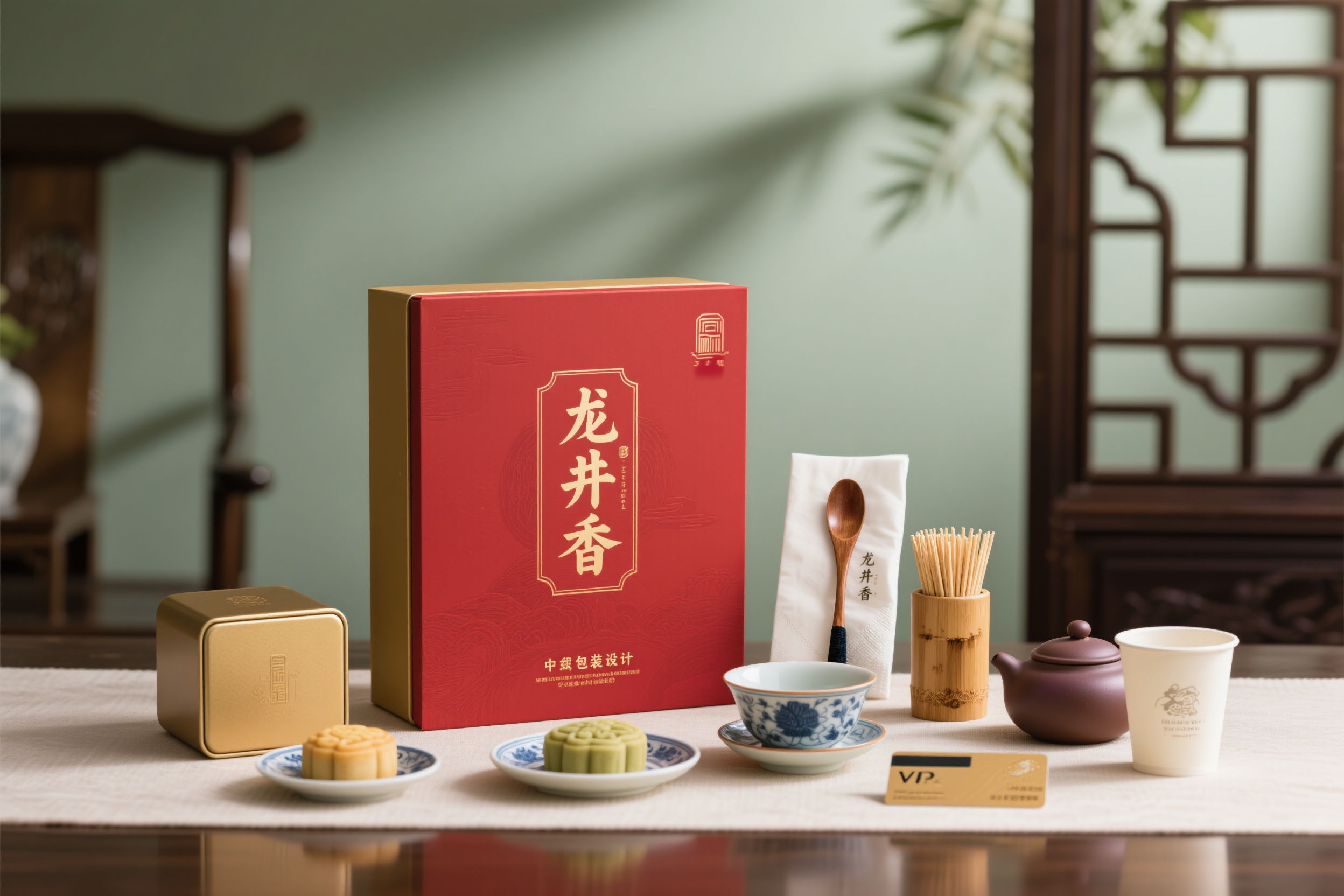 餐饮的样机包装,中式茶餐厅"龙井香"包装系统,方形点心盒采用中国红配金色云纹,长方形茶具盒印有传统青花瓷图案,竹制筷子套印有书法字体品牌标识,餐巾纸印有淡雅茶叶纹理,木质牙签盒雕刻龙图腾,陶瓷质感勺子包装,青花瓷风格碟子包装盒,紫砂壶造型碗具包装,纸杯印有水墨山水画,VIP卡设计为古典折扇造型,丝绸质感手提袋配传统结绳,整体体现中华茶文化,传统餐饮包装典范