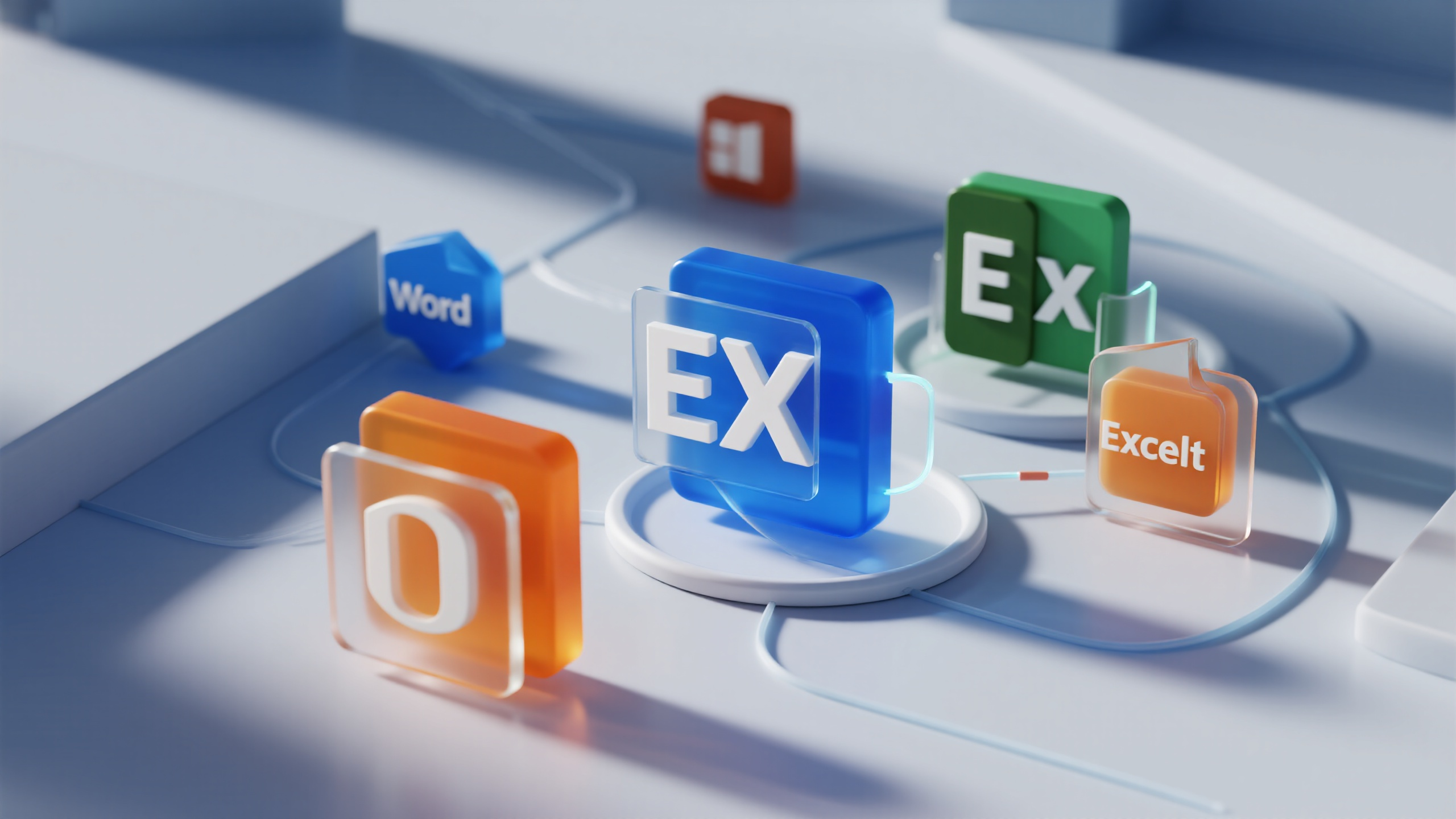 微软banner,C4D建模微软Office场景,立体文档图标悬浮排列,Word蓝色、Excel绿色、PowerPoint橙色方块,透明玻璃材质内部发光,数据流光线连接各应用,浅灰蓝渐变背景,几何线条装饰,现代办公美学,3D立体渲染,生产力工具主题