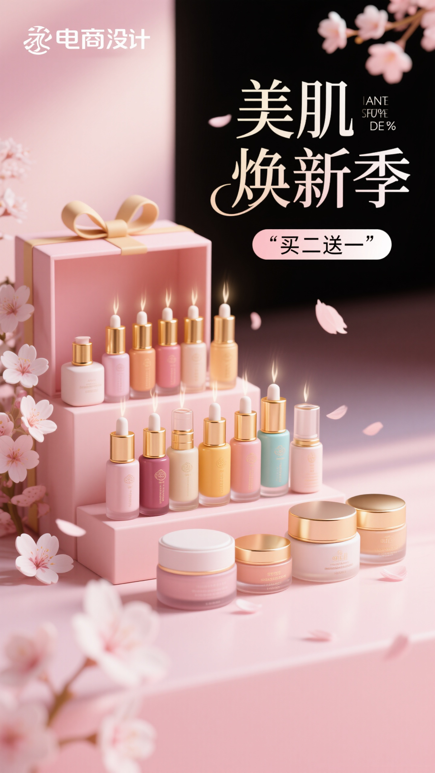 电商海报,美妆护肤电商海报,精美化妆品瓶罐排列,粉色渐变背景,樱花装饰元素,"美肌焕新季"主标题,"买二送一"优惠信息,高端奢华质感,粉金色搭配,柔光美妆风格