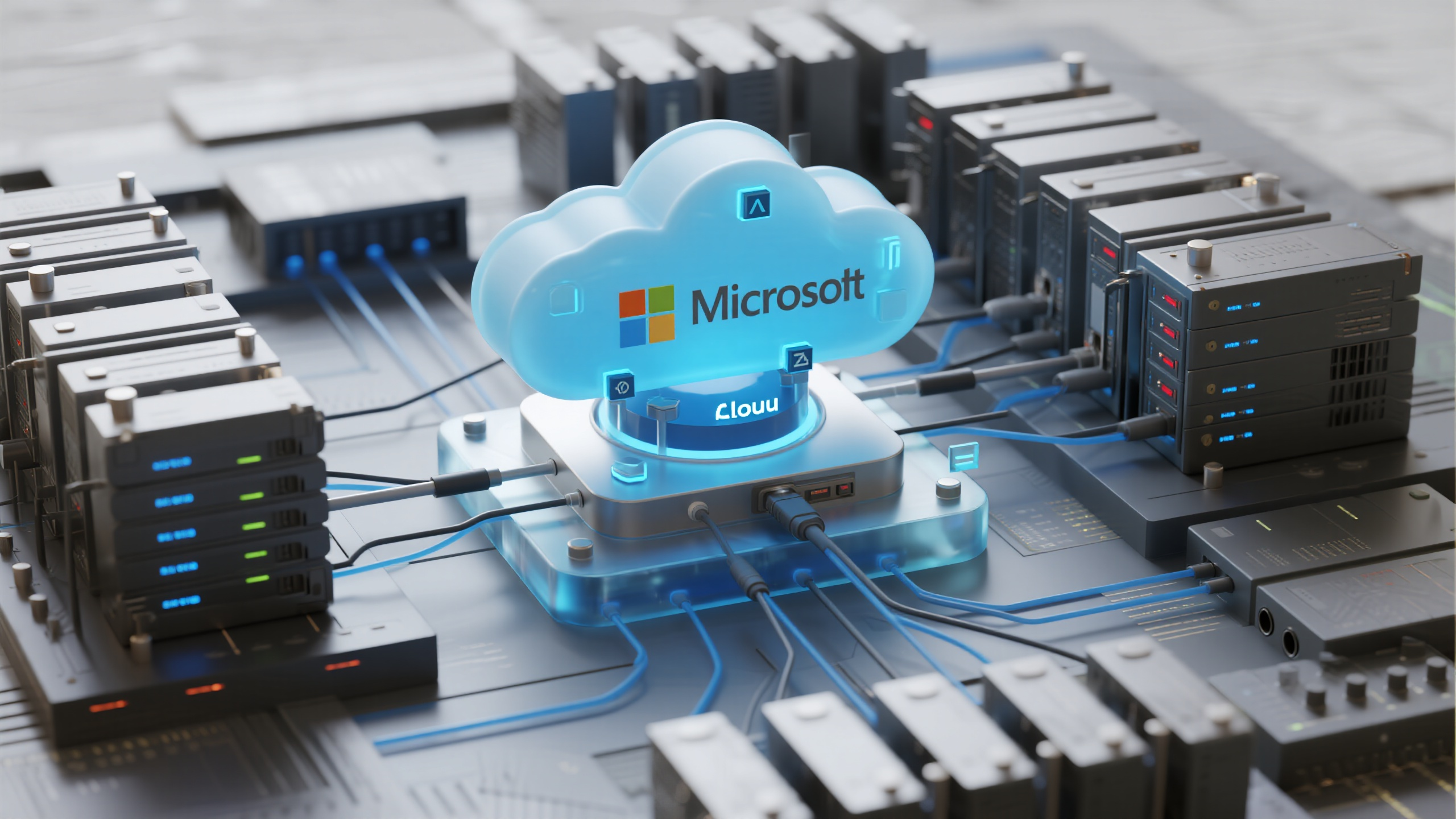 微软终端banner,C4D建模微软Azure云服务,立体云朵结构配服务器节点,蓝色主调配白色云效,数据中心机架模型,光纤连接线可视化,透明材质云层效果,金属质感服务器,柔和光影效果,现代云计算视觉,3D渲染技术,企业云服务主题