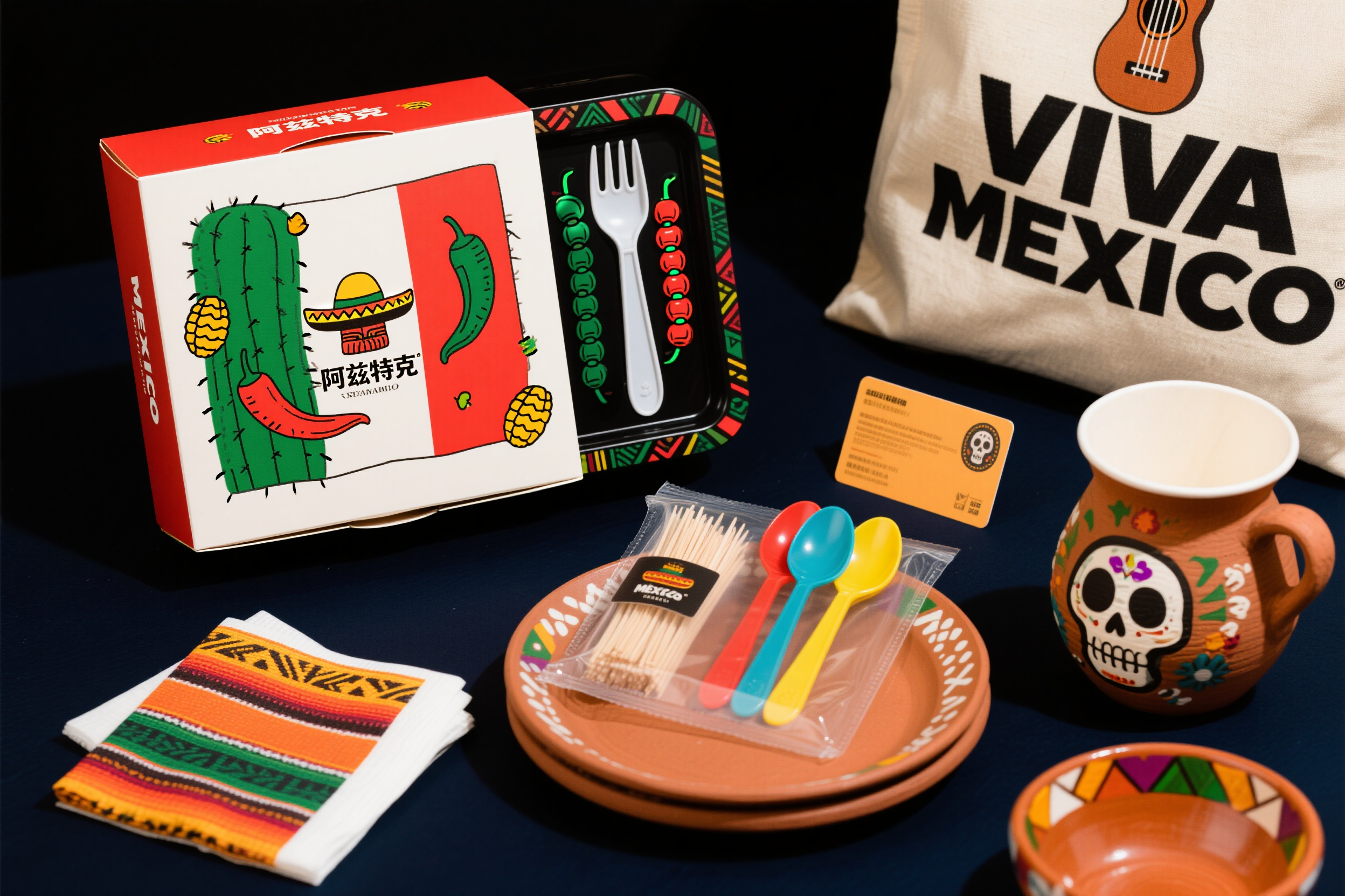 餐饮的样机包装,墨西哥料理品牌"阿兹特克"包装设计,正方形玉米饼盒印有墨西哥国旗色彩和仙人掌图案,长方形辣椒盒采用橙黄色调配黑色阿兹特克图腾,塑料叉子包装印有墨西哥帽和辣椒串,餐巾纸设计为墨西哥织毯风格条纹,牙签包装盒印有玛雅文字装饰,彩色塑料勺子透明包装,陶土色碟子包装盒配民族图案,墨西哥陶罐造型碗包装,纸杯印有墨西哥亡灵节骷髅装饰,会员卡设计为吉他造型,帆布手提袋印有"VIVA MEXICO"标语,整体展现拉美热情文化,民族风餐饮包装
