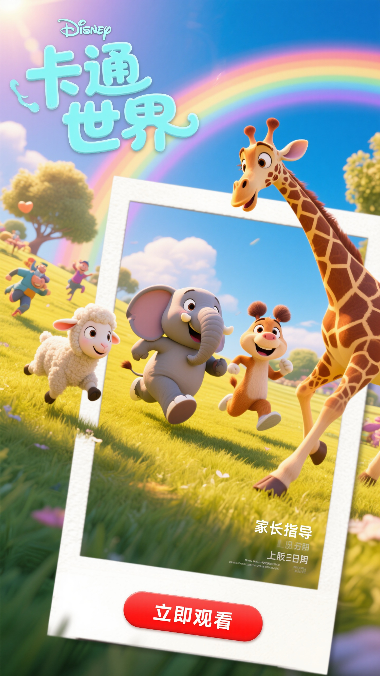 电影海报,喜剧电影海报,卡通风格,可爱的动物角色们在草地上玩耍,阳光明媚,彩虹在天空中,明亮色彩,迪士尼风格,电影海报设计,欢快氛围