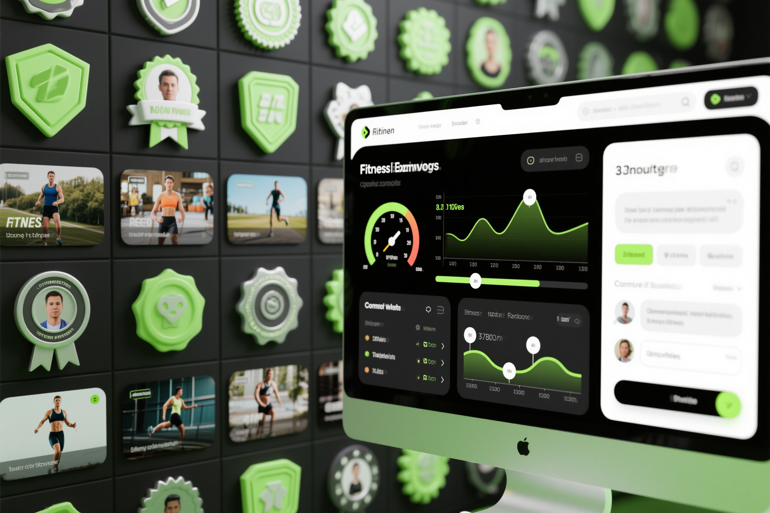 电脑UI设计PC端效果图,健身运动社区网站,运动数据仪表盘3D展示,健身课程视频缩略图墙,用户成就徽章立体收藏,活力绿色运动主题配色,训练计划进度条可视化,社区互动评论气泡,健康生活方式平台,运动科学界面美学