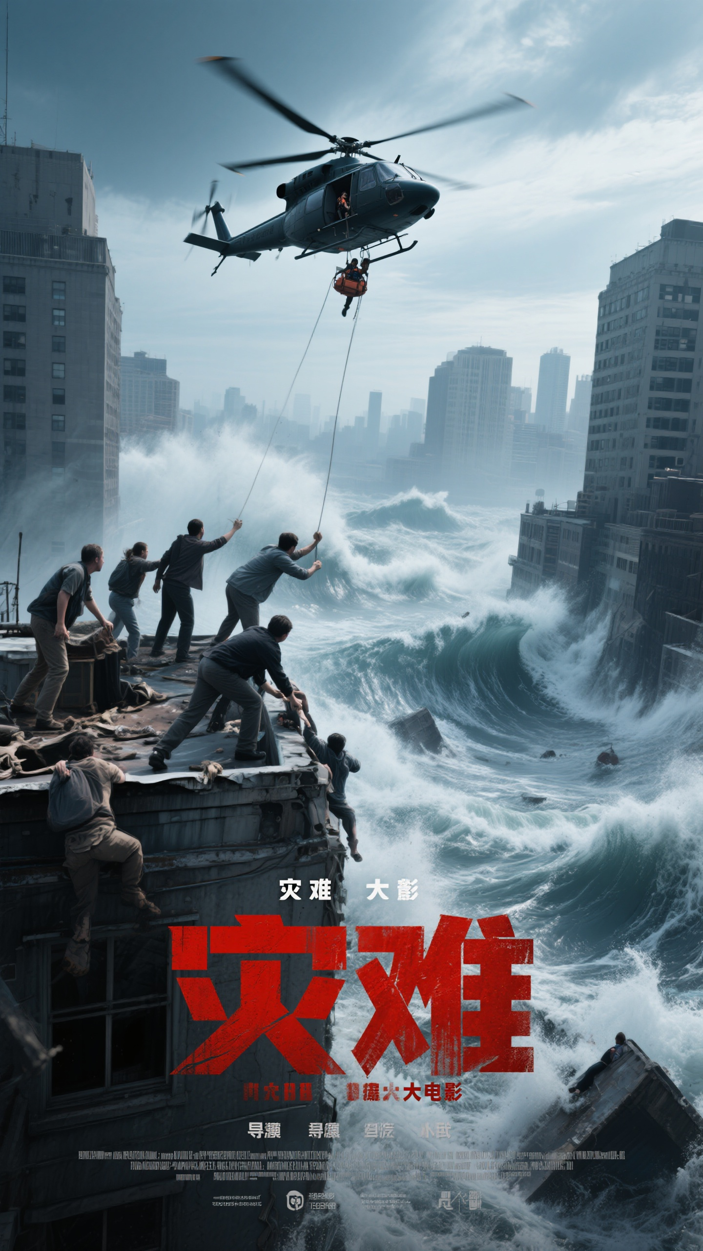 电影海报,灾难电影海报,城市被巨浪淹没,人们在屋顶求救,直升机在空中救援,蓝灰色调,灾难大片风格,电影海报设计,紧张刺激