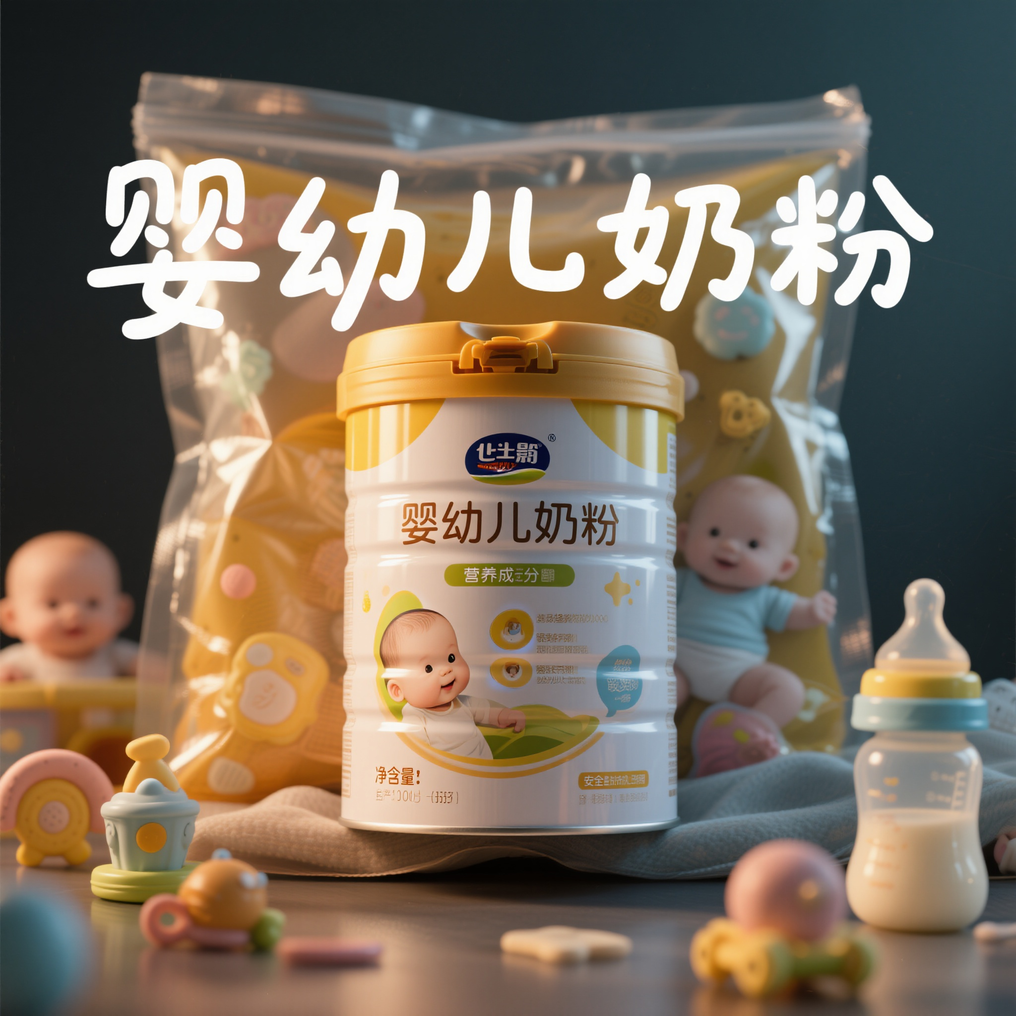 电商主图奶粉,婴幼儿奶粉罐装,营养成分标注,安全密封包装,婴儿配方食品,母婴营养保障,科学喂养理念,健康成长支持,父母关爱选择,品牌信誉保证,儿童发育营养