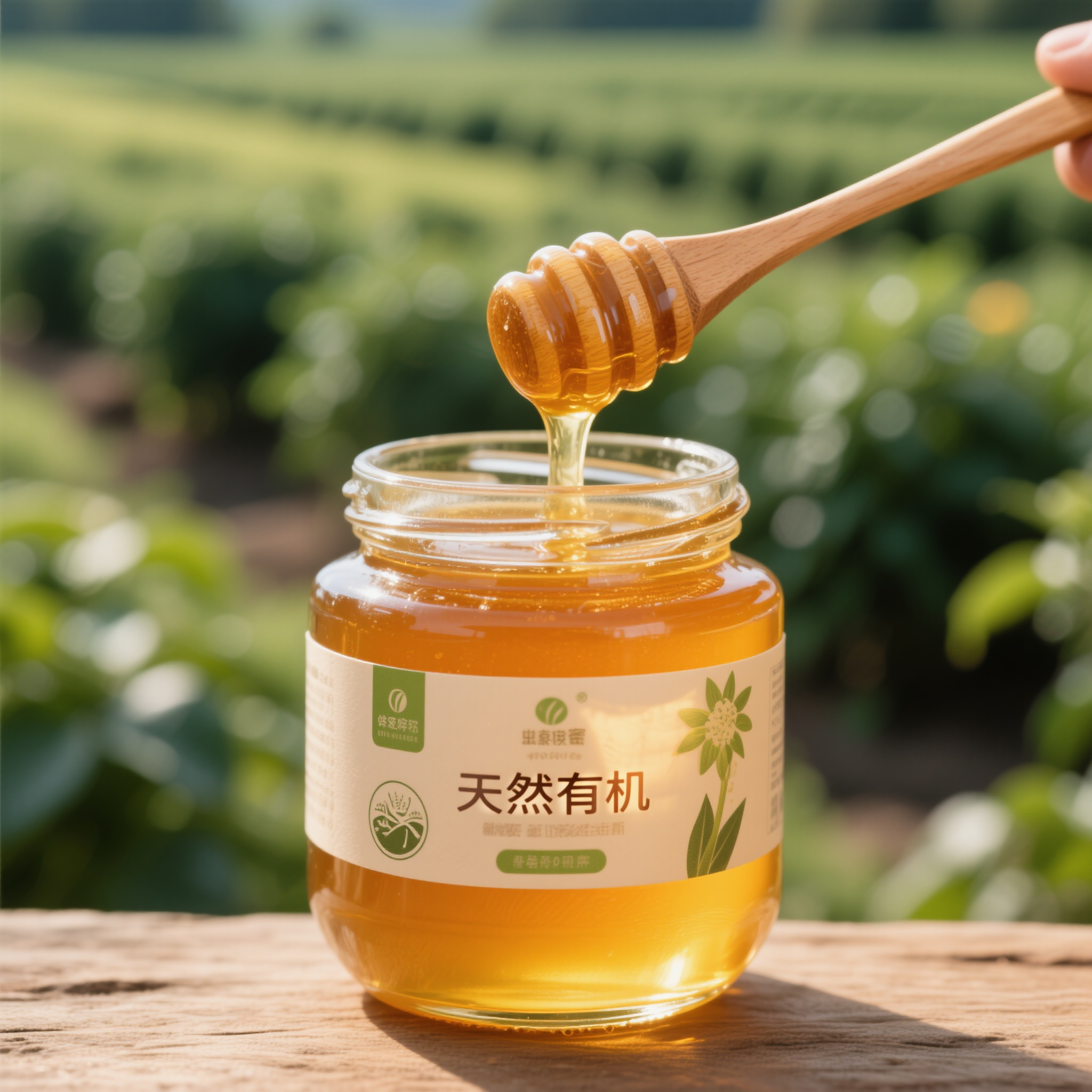 电商主图蜂蜜,天然蜂蜜罐装商品,琥珀色透明质感,木质勺子蘸取,粘稠流动状态,农产品直销,天然有机标识,健康甜味剂,营养保健功效,田园生活气息,绿色食品理念