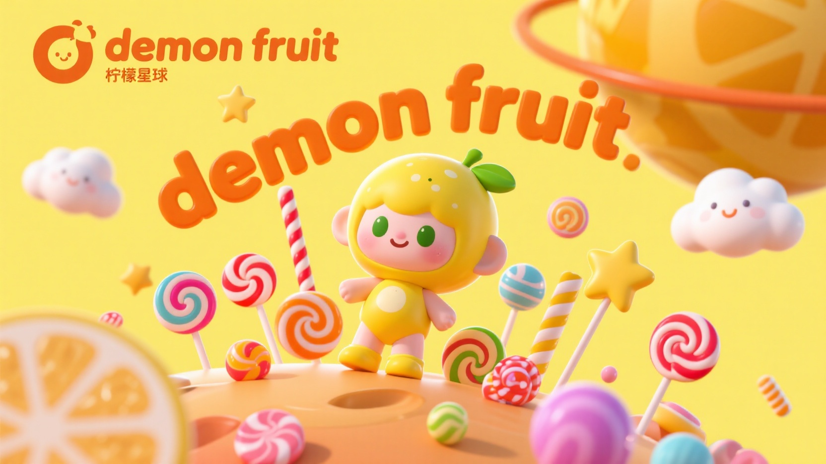 商业banner,商业活动banner,LOGO是“demon fruit”,关于AI生成3D生成方面,背景是黄色的,上面点缀着棒棒糖,糖果,星星和一些云朵形状的装饰,仿佛将玩偶置身于一个静谧的柠檬星球之下,动物的3D模型,儿童
