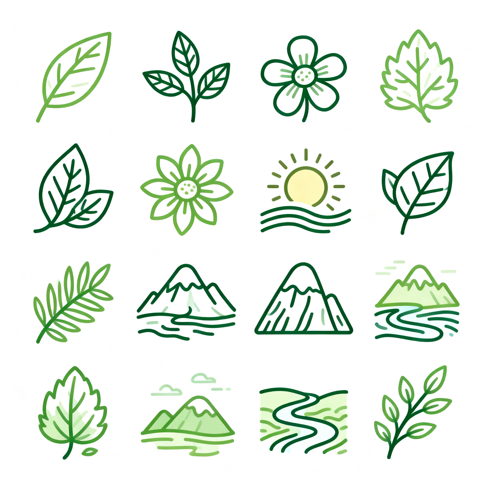 UI线面图标,自然生态UI线性图标合集,包含树叶、花朵、太阳、山峰、河流等元素,绿色系主色调,有机曲线设计,纯白色背景,环保理念,清新自然,手绘风格,生机盎然