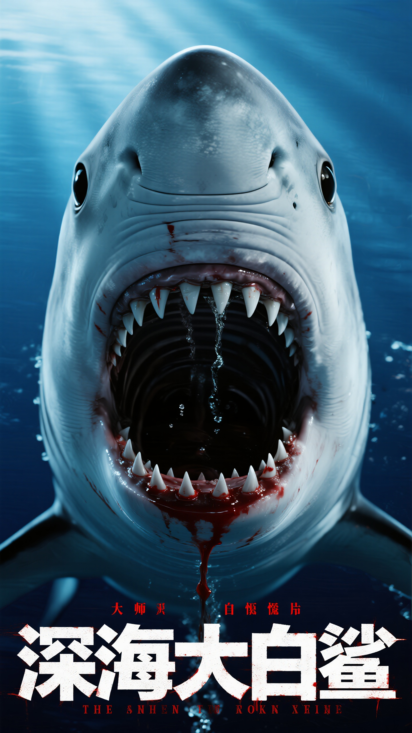 电影海报,深海大白鲨电影海报,巨型白鲨血盆大口正面特写,尖锐三角牙齿森然排列,深邃黑色眼球透出杀意,海水从鲨鱼嘴角流淌,深蓝色海洋背景,光束从海面穿透而下,营造恐怖悬疑氛围,电影级摄影构图,冷色调为主,银白色鲨鱼皮肤质感逼真,海报字体设计感强烈,"深海大白鲨"红色血液字效,底部英文副标题,高级视觉特效渲染,大师级恐怖片海报美学
