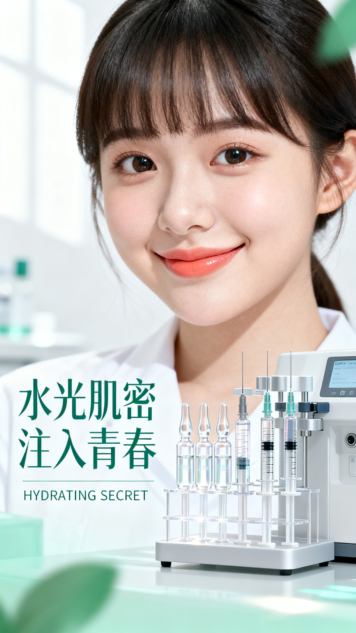 医美海报,清新医美推广海报,清纯甜美东方网红脸少女,圆润小脸蛋可爱至极,水汪汪大眼睛纯真无邪,小翘鼻甜美俏皮,淡珊瑚色唇膏自然清新,婴儿般嫩滑肌肤,空气刘海修饰额头,甜美微笑展现梨涡,旁边水光针注射设备精密陈列,透明玻尿酸安瓶折射光线,纯净白色医疗背景,薄荷绿清新点缀,自然光源温柔照射,专业级无痕修图技术,"水光肌密 注入青春"清新字体风格,简约英文副标题,青春医美品牌调性