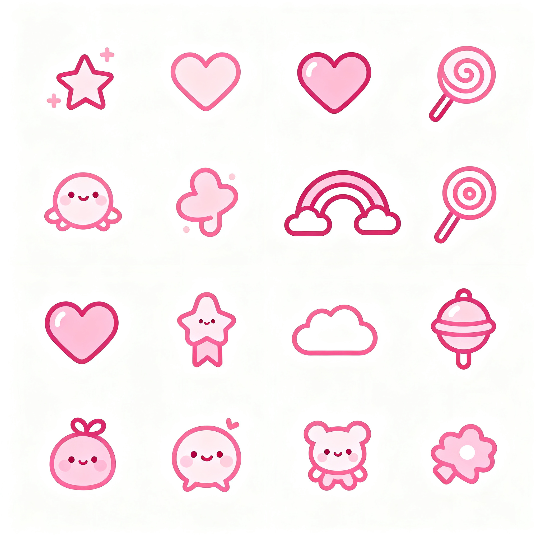 UI线性图标,可爱卡通UI线性图标合集,包含小星星、爱心、彩虹、棒棒糖、小云朵等元素,圆润线条设计,粉色系配色,纯白色背景,童趣风格,温馨甜美,扁平化处理