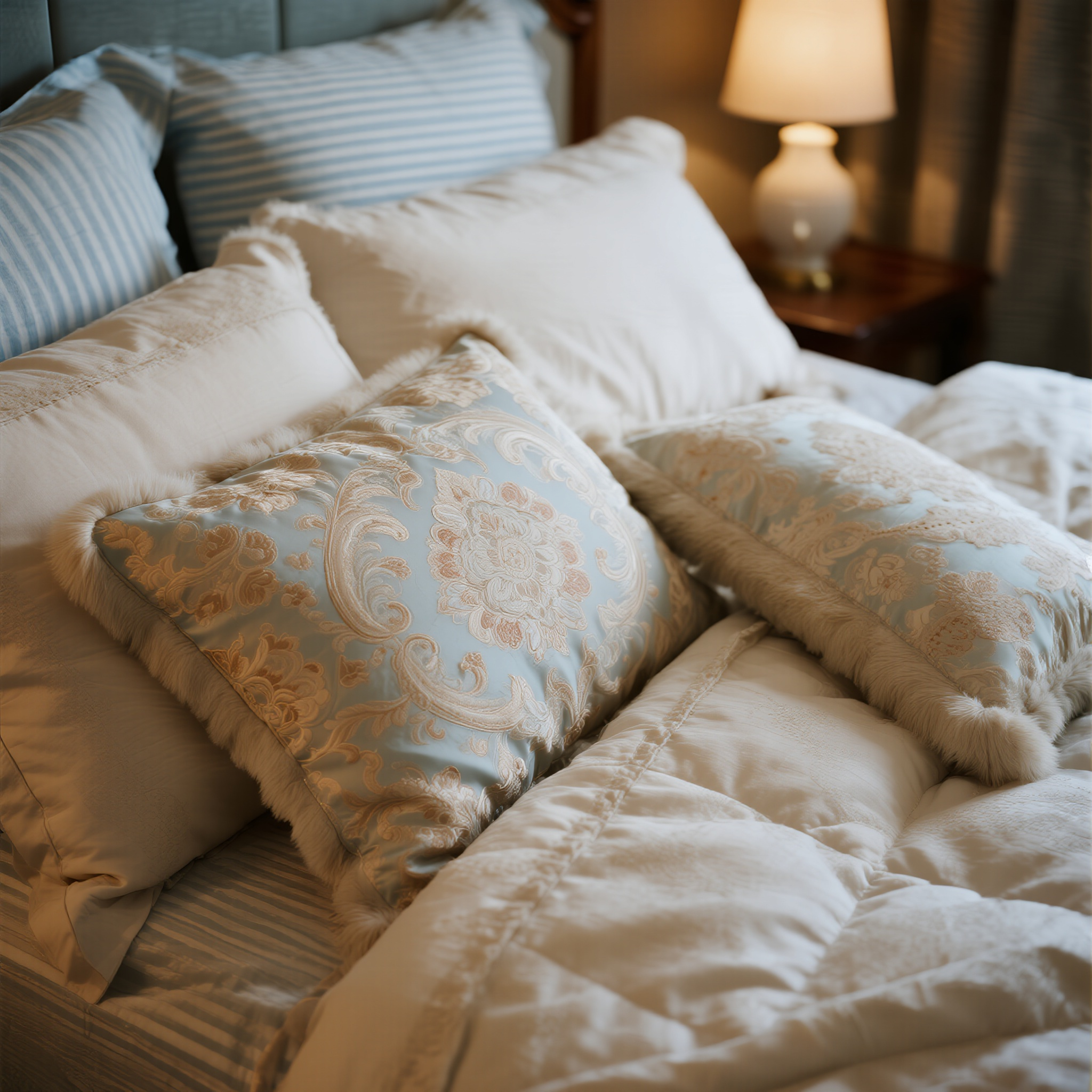 电商主图床上四件套,床上四件套摄影,纯棉面料柔软质感,精致刺绣花纹,温馨卧室色调,叠放整齐构图,家居纺织品美学,舒适睡眠概念,生活品质表现,电商宣传摄影