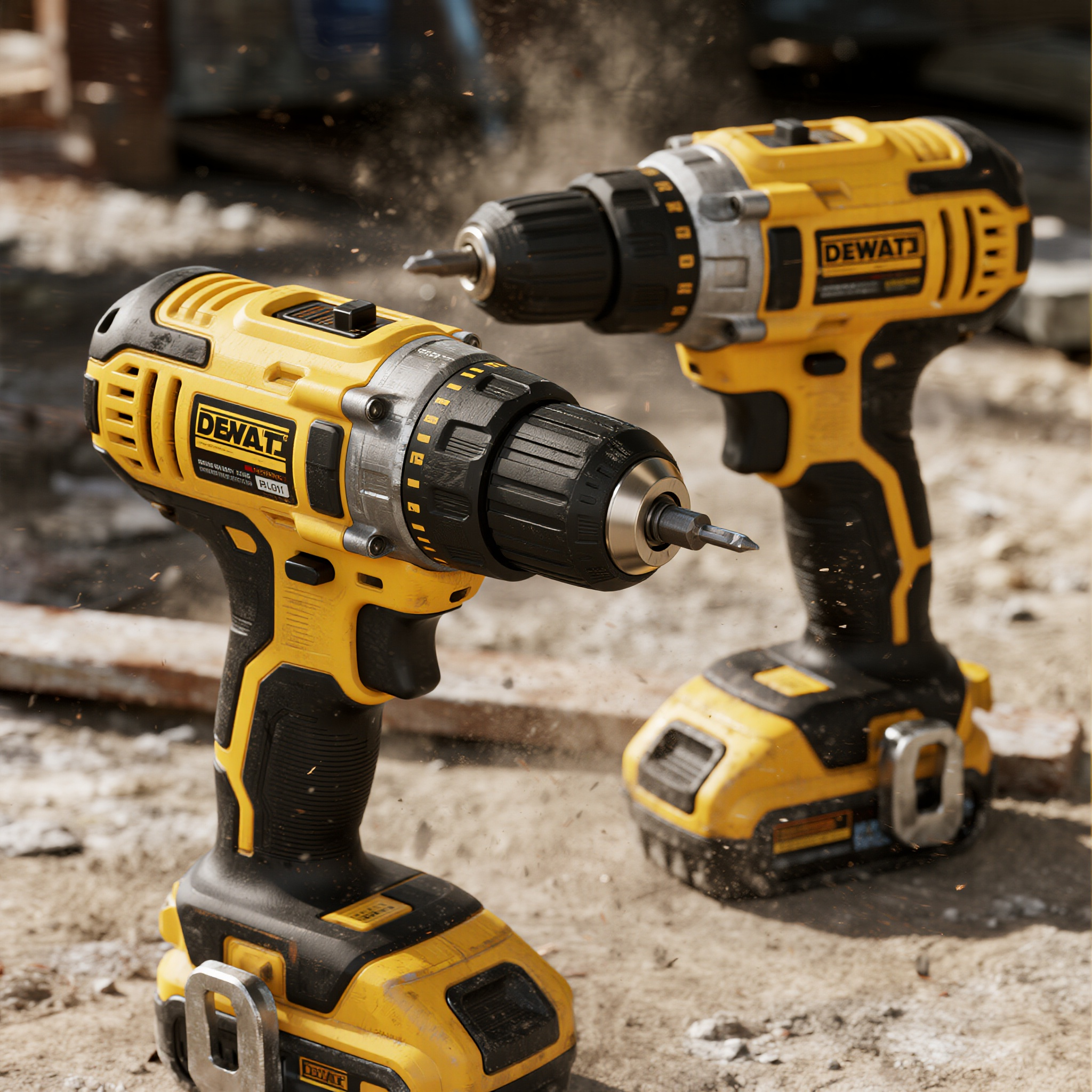 电商主图电动钻机,电钻工具电商摄影,黄黑配色外壳,钻头金属光泽,工地背景虚化,粉尘飞扬效果,建筑工程美学,专业施工概念,男性力量象征,维修工具宣传图
