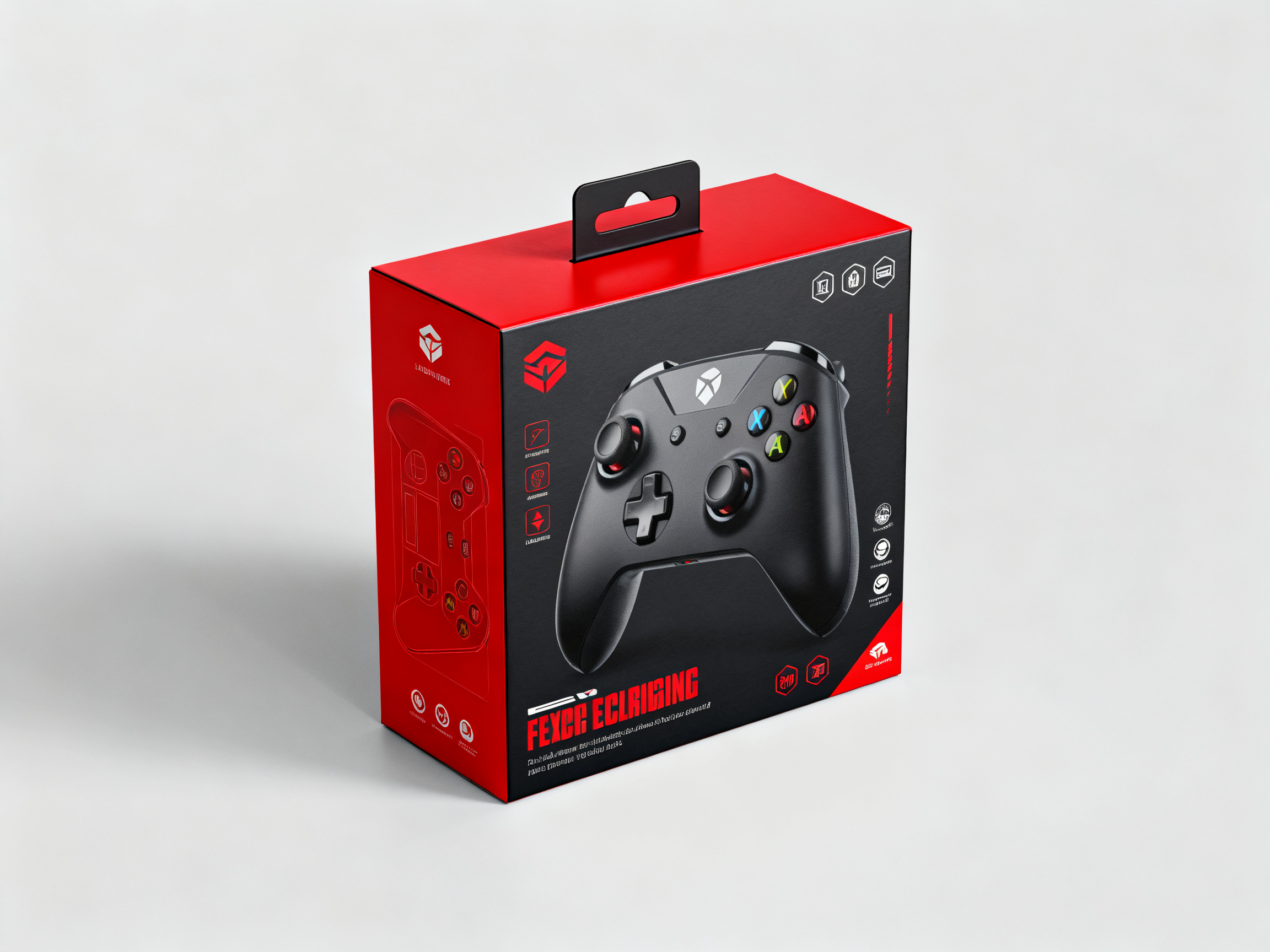 游戏手柄样机包装盒,游戏手柄包装盒样机,红黑配色电竞风格,手柄外观图片,按键布局示意,游戏兼容性标志,光泽包装材质,干净摄影背景,电器包装正面拍摄,游戏配件主图展示